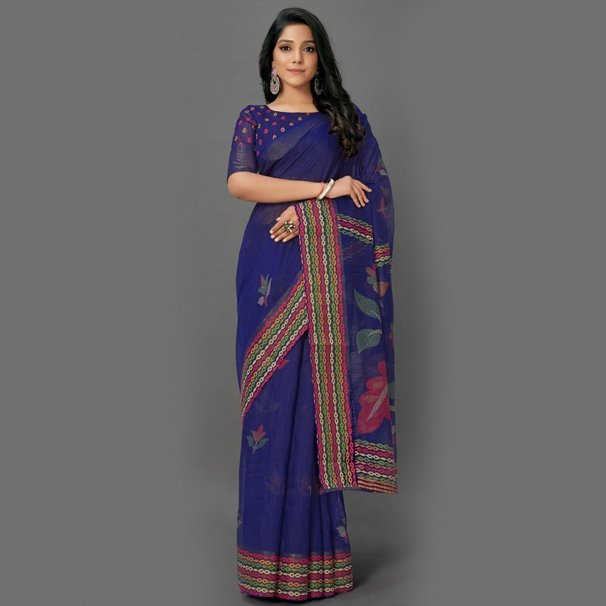 Preferable Navy Blue Colored Casual Wear Printed Cotton Saree - Peachmode