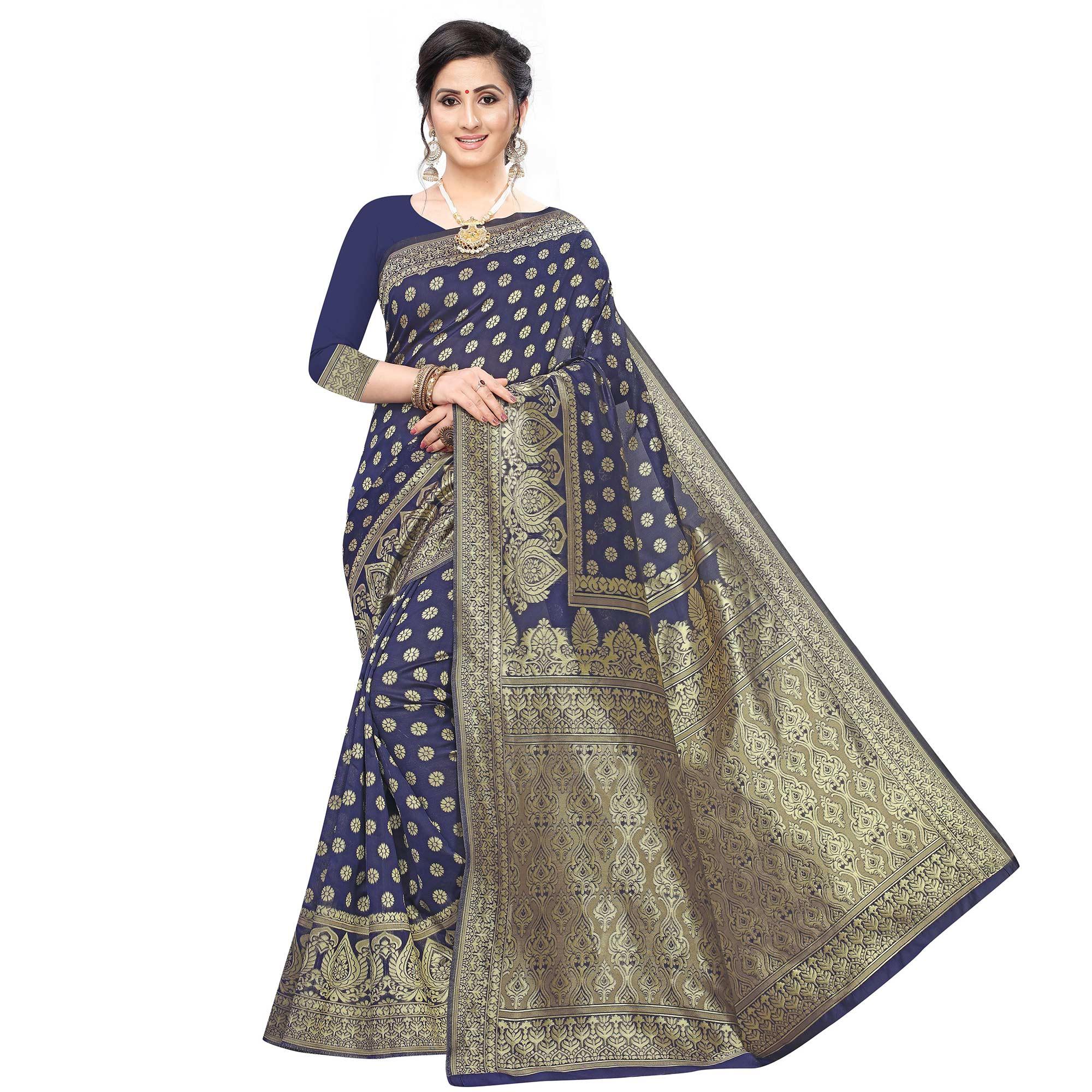 Preferable Navy Blue Colored Festive Wear Woven Art Silk Saree - Peachmode