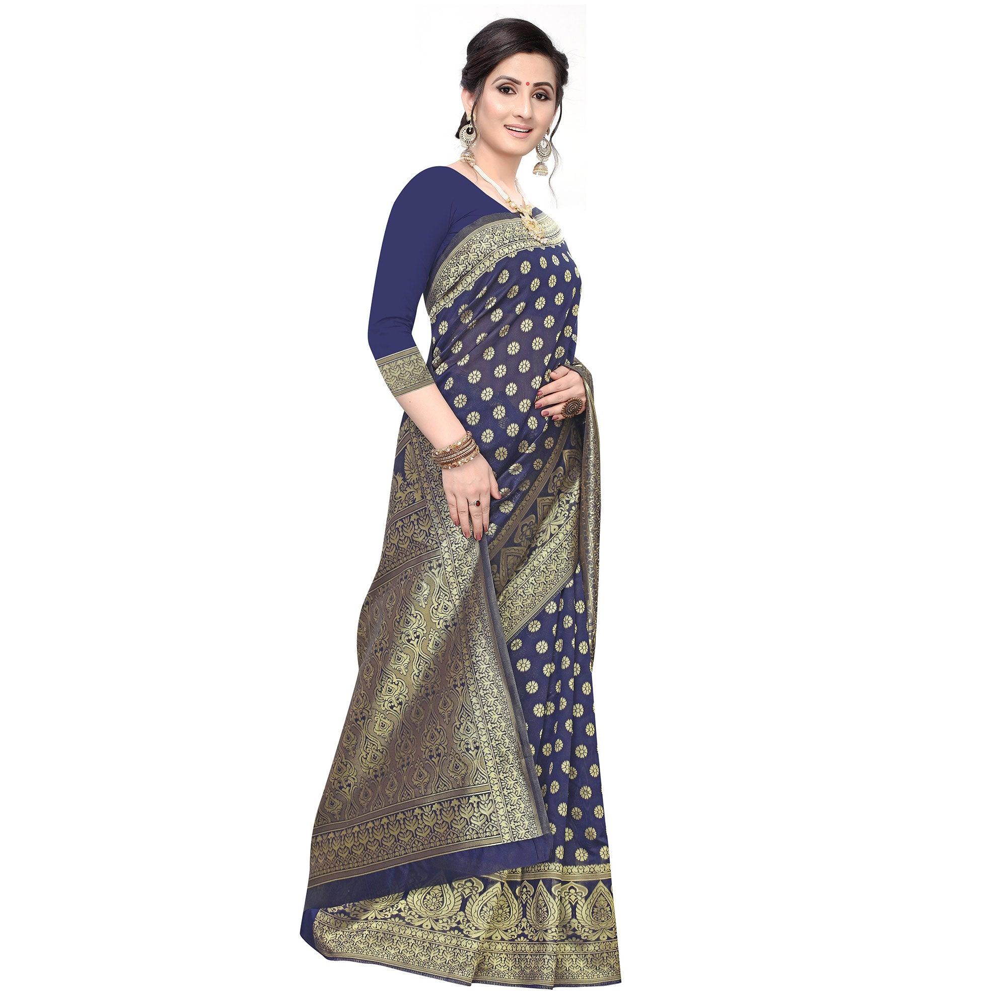 Preferable Navy Blue Colored Festive Wear Woven Art Silk Saree - Peachmode