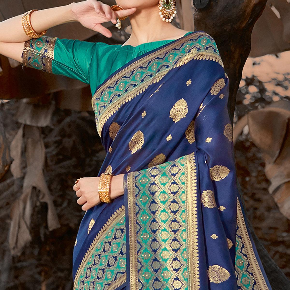 Preferable Navy Blue Colored Festive Wear Woven Silk Saree - Peachmode