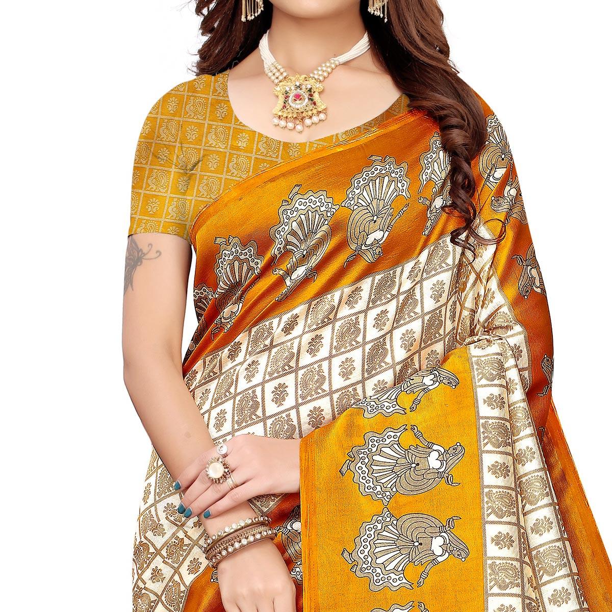 Preferable Off White-Light Orange Colored Festive Wear Art Silk Saree - Peachmode