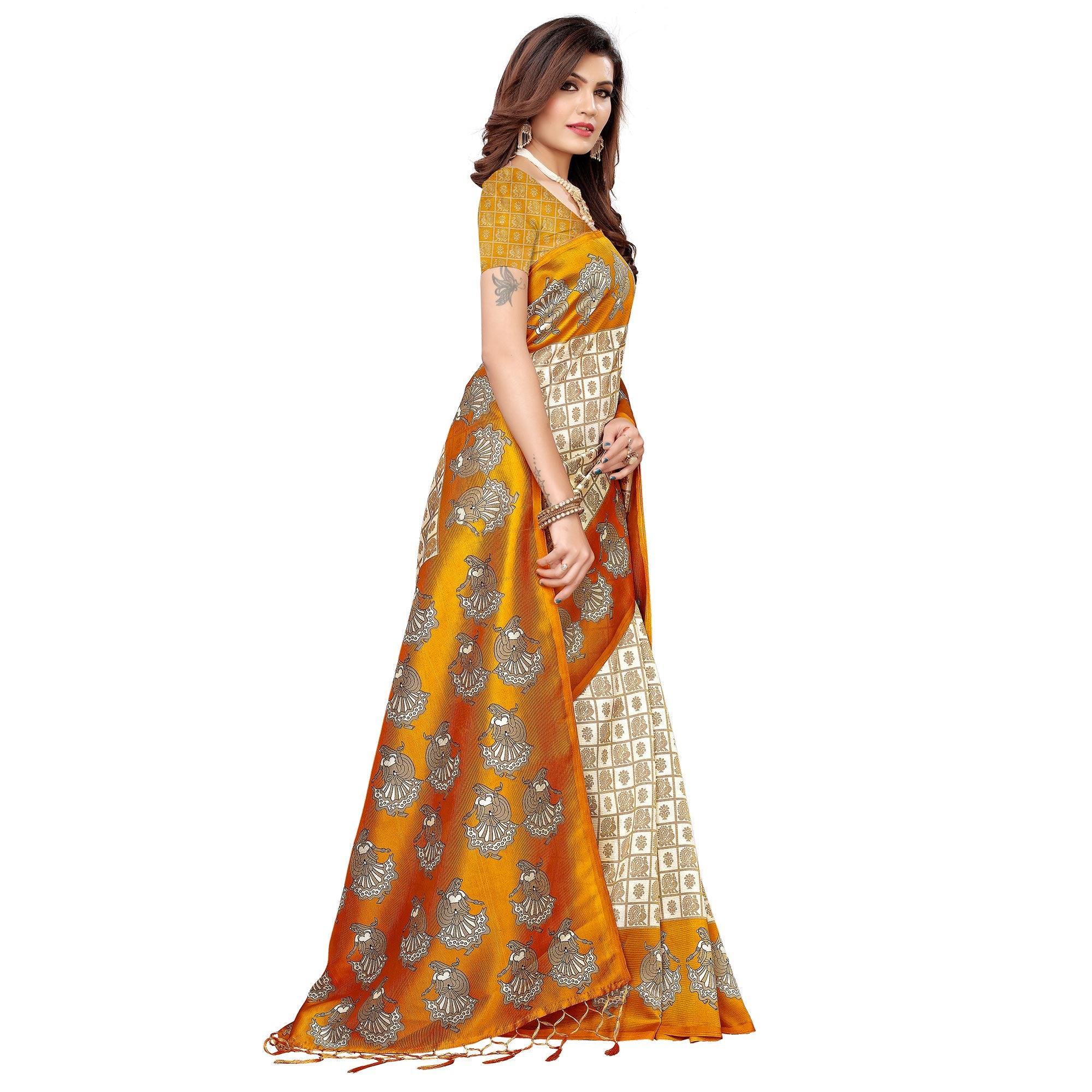 Preferable Off White-Light Orange Colored Festive Wear Art Silk Saree - Peachmode