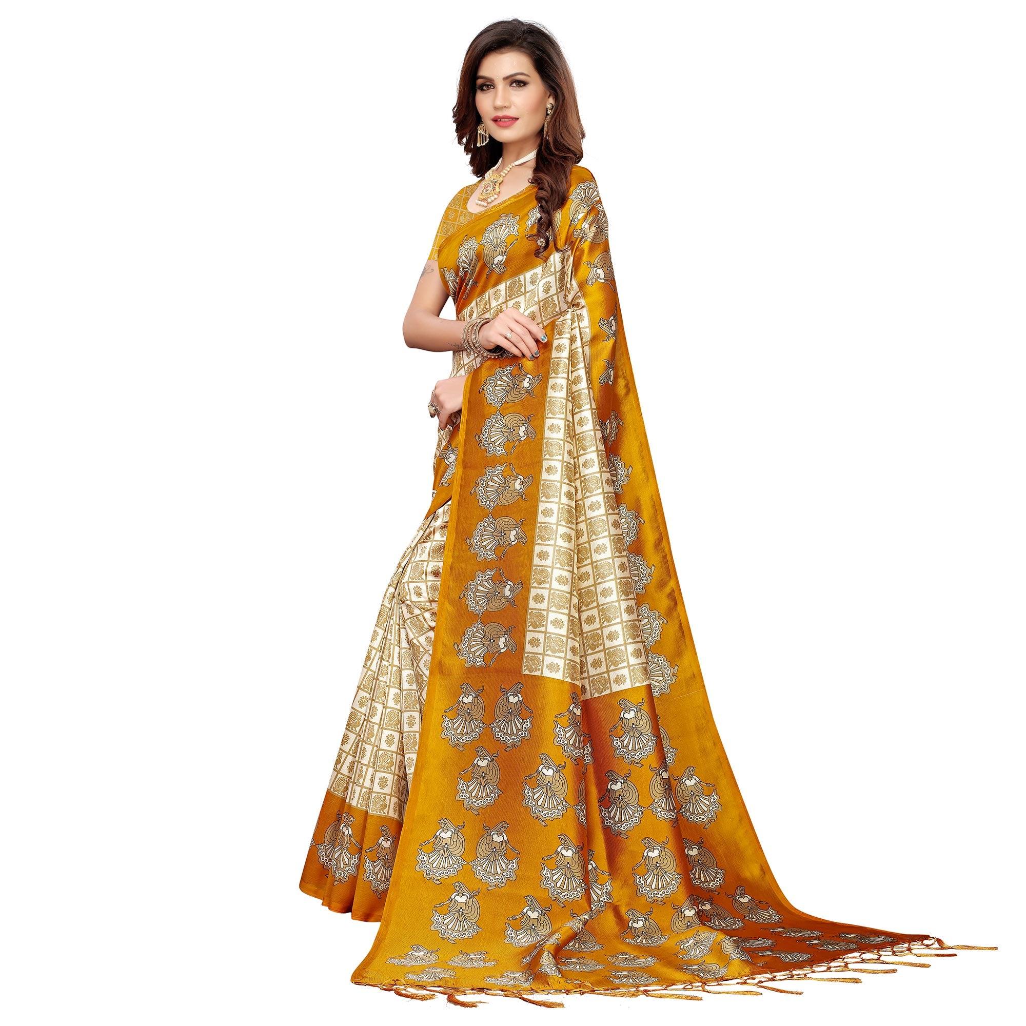 Preferable Off White-Light Orange Colored Festive Wear Art Silk Saree - Peachmode
