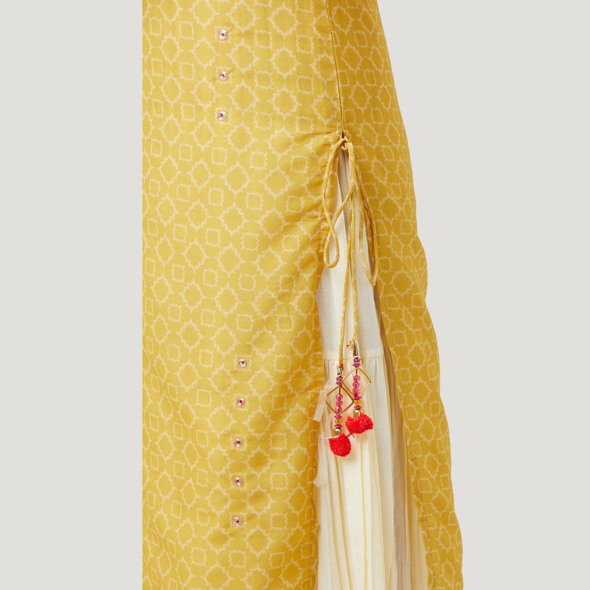 Preferable Off White-Mustard Yellow Colored Partywear Printed Cotton Long Kurti - Peachmode