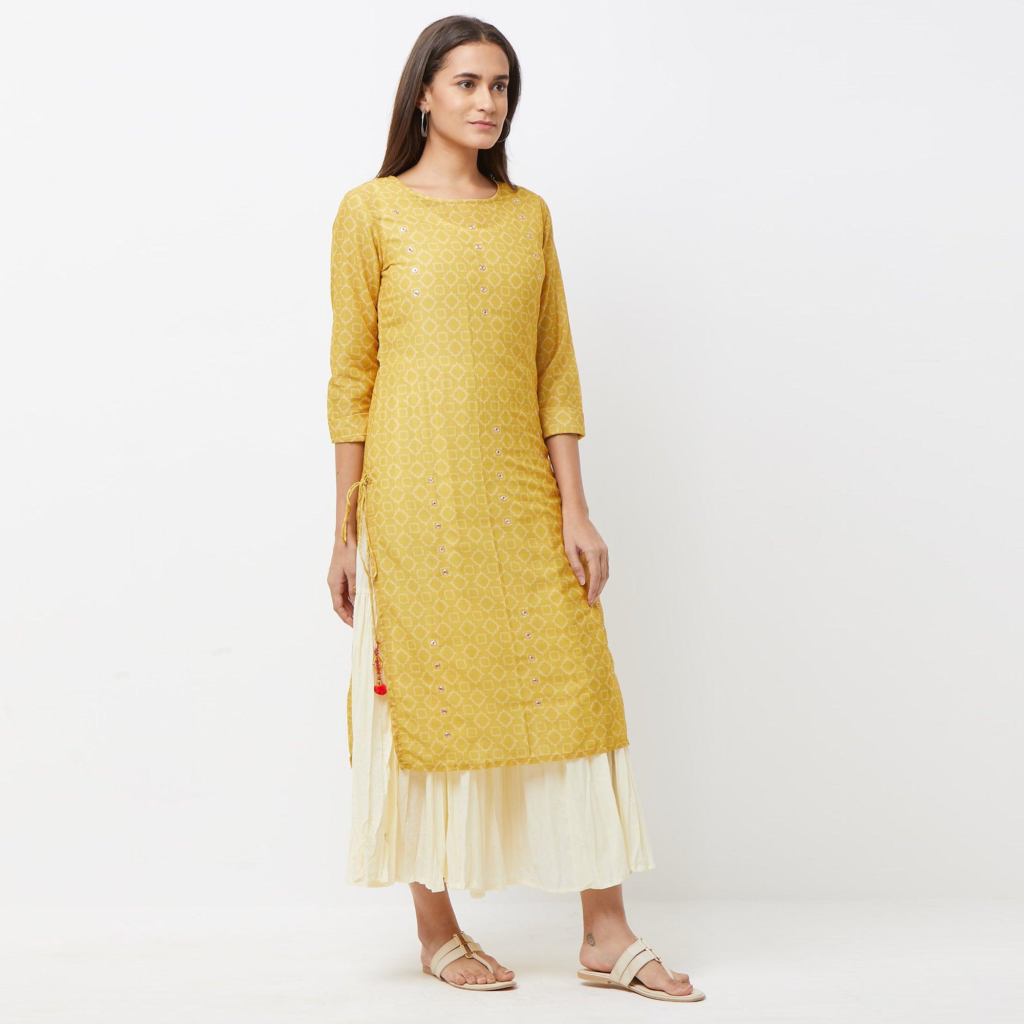 Preferable Off White-Mustard Yellow Colored Partywear Printed Cotton Long Kurti - Peachmode