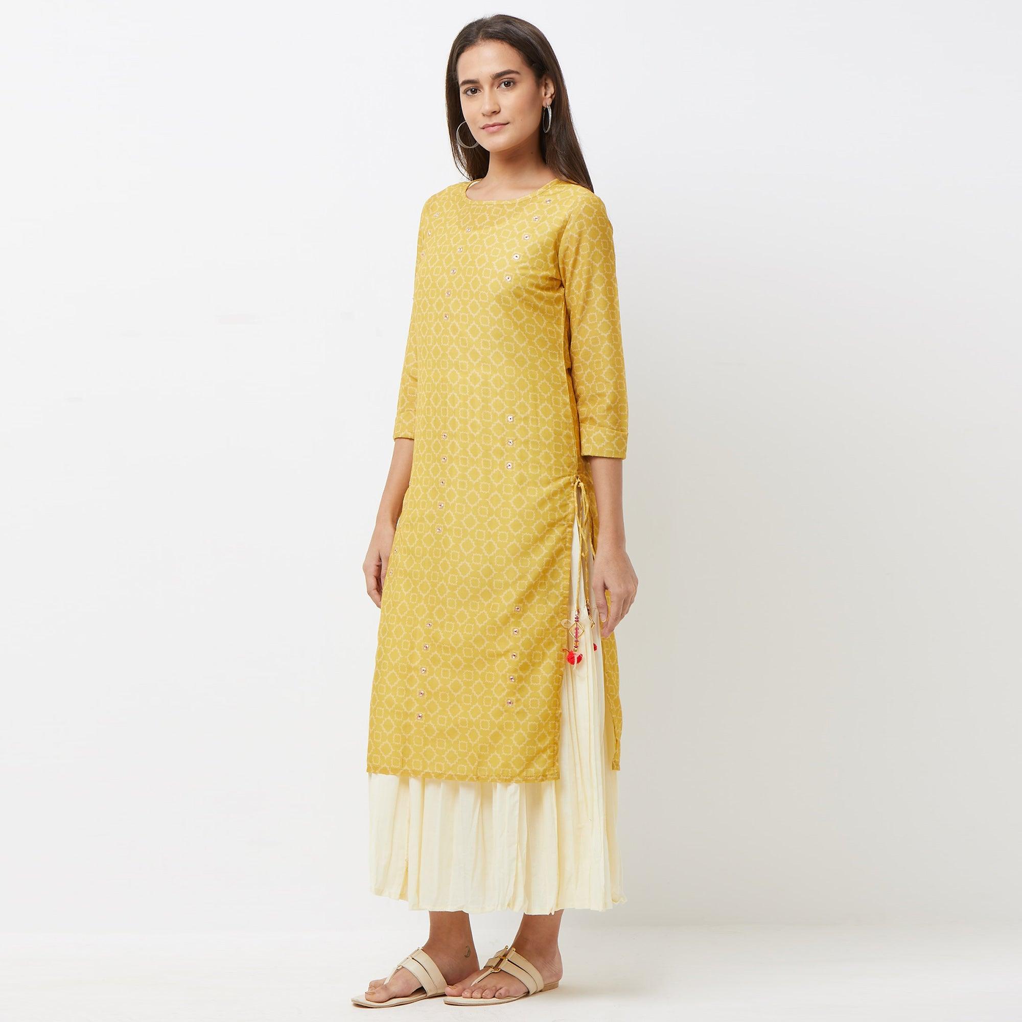 Preferable Off White-Mustard Yellow Colored Partywear Printed Cotton Long Kurti - Peachmode