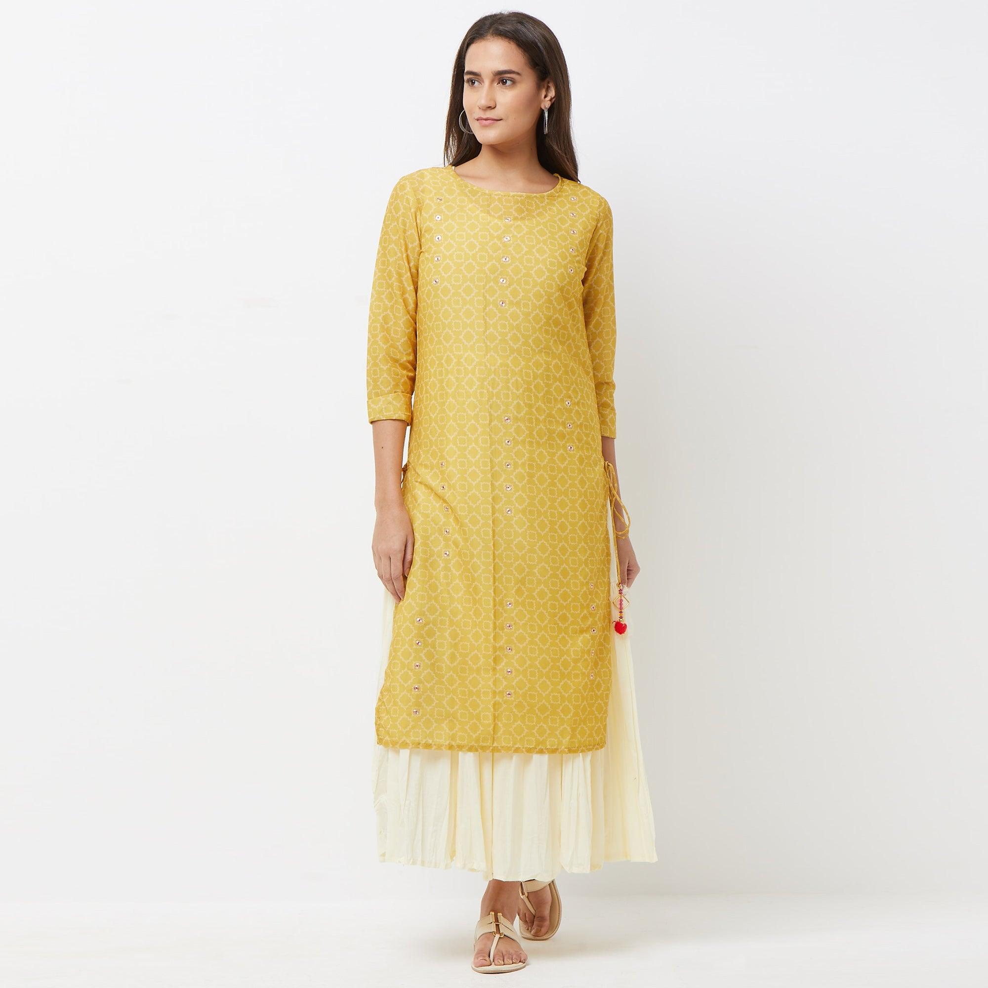 Preferable Off White-Mustard Yellow Colored Partywear Printed Cotton Long Kurti - Peachmode