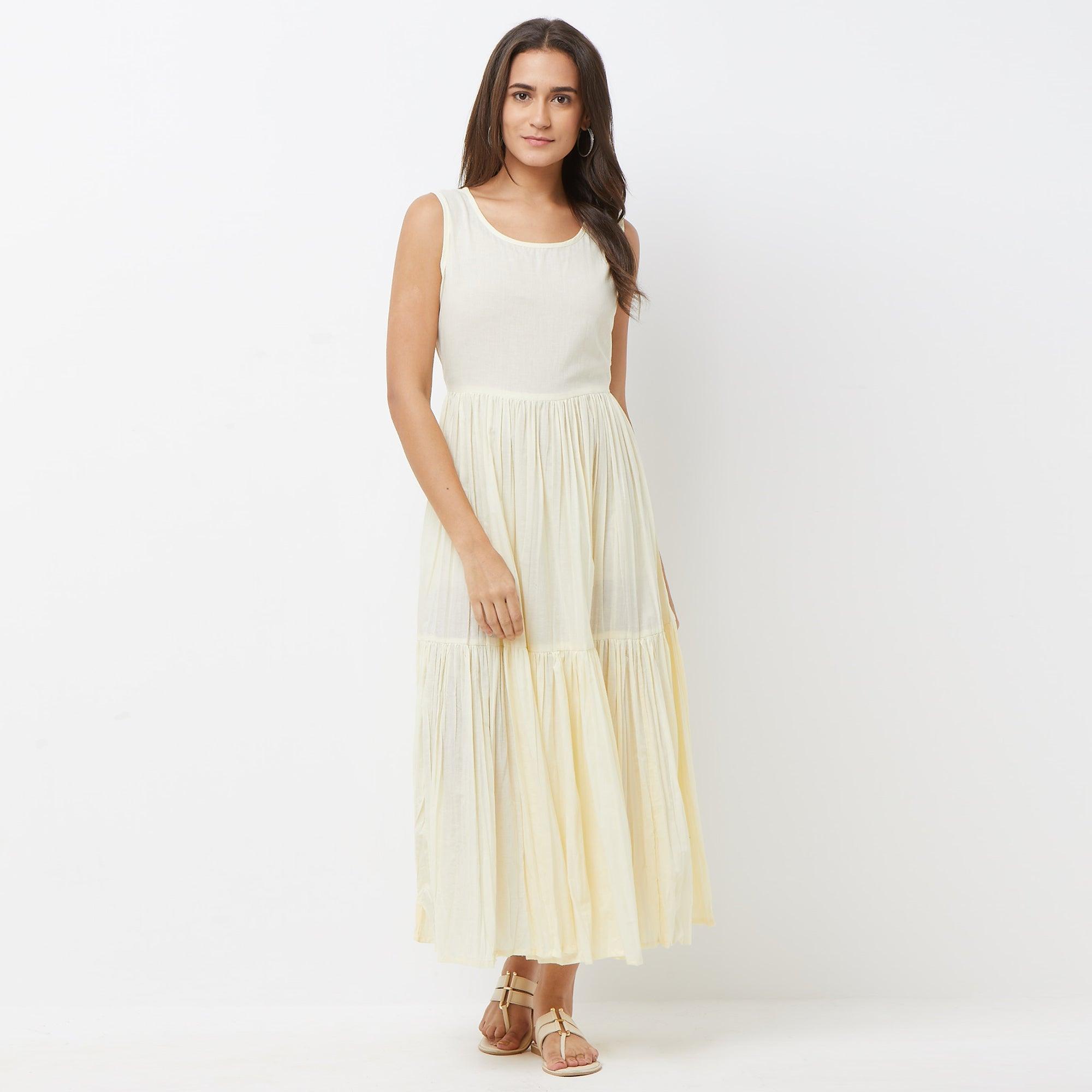 Preferable Off White-Mustard Yellow Colored Partywear Printed Cotton Long Kurti - Peachmode