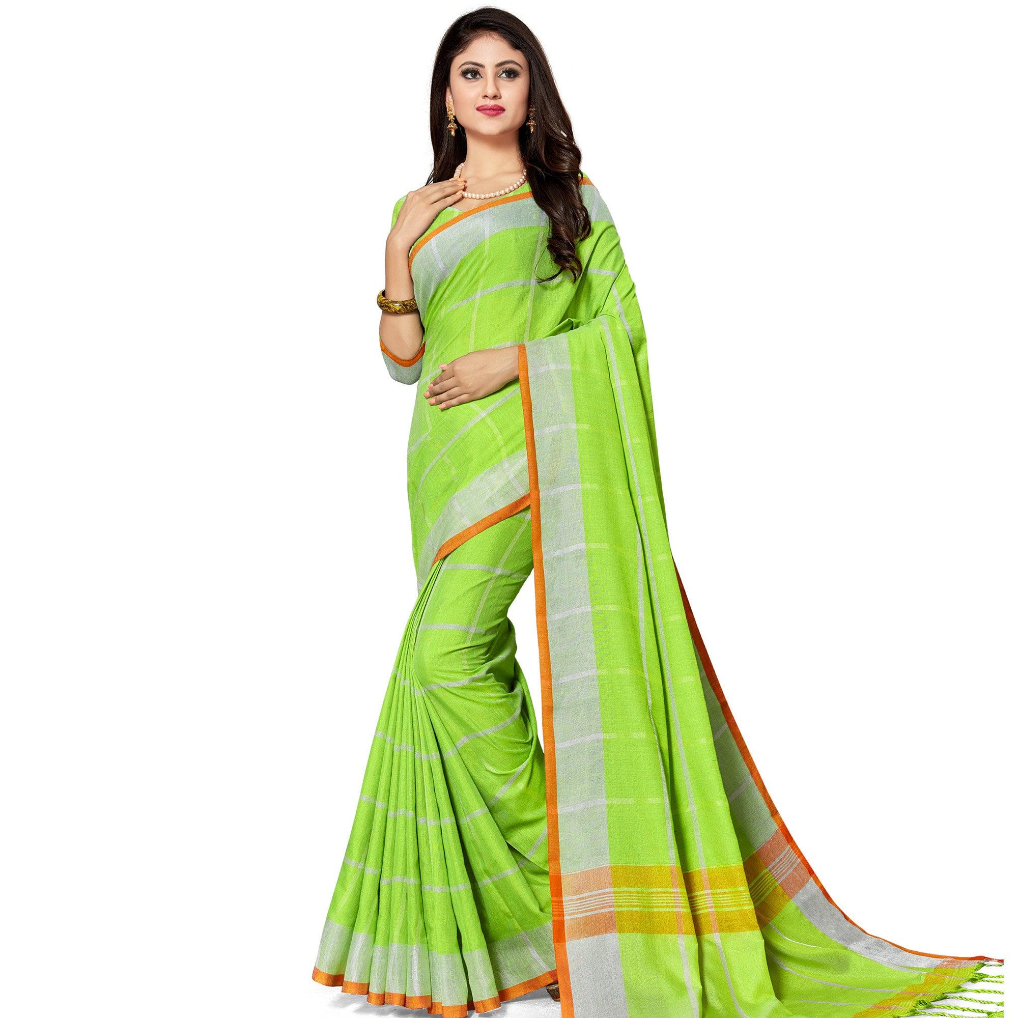 Preferable Parrot Green Colored Fesive Wear Stripe Print Cotton Silk Saree With Tassels - Peachmode