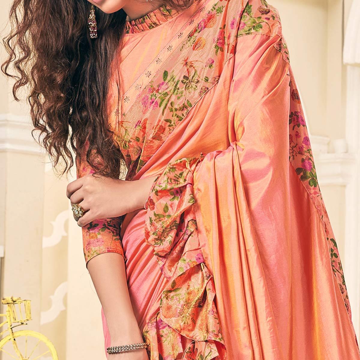 Preferable Peach Colored Partywear Digital Printed Silk Saree - Peachmode