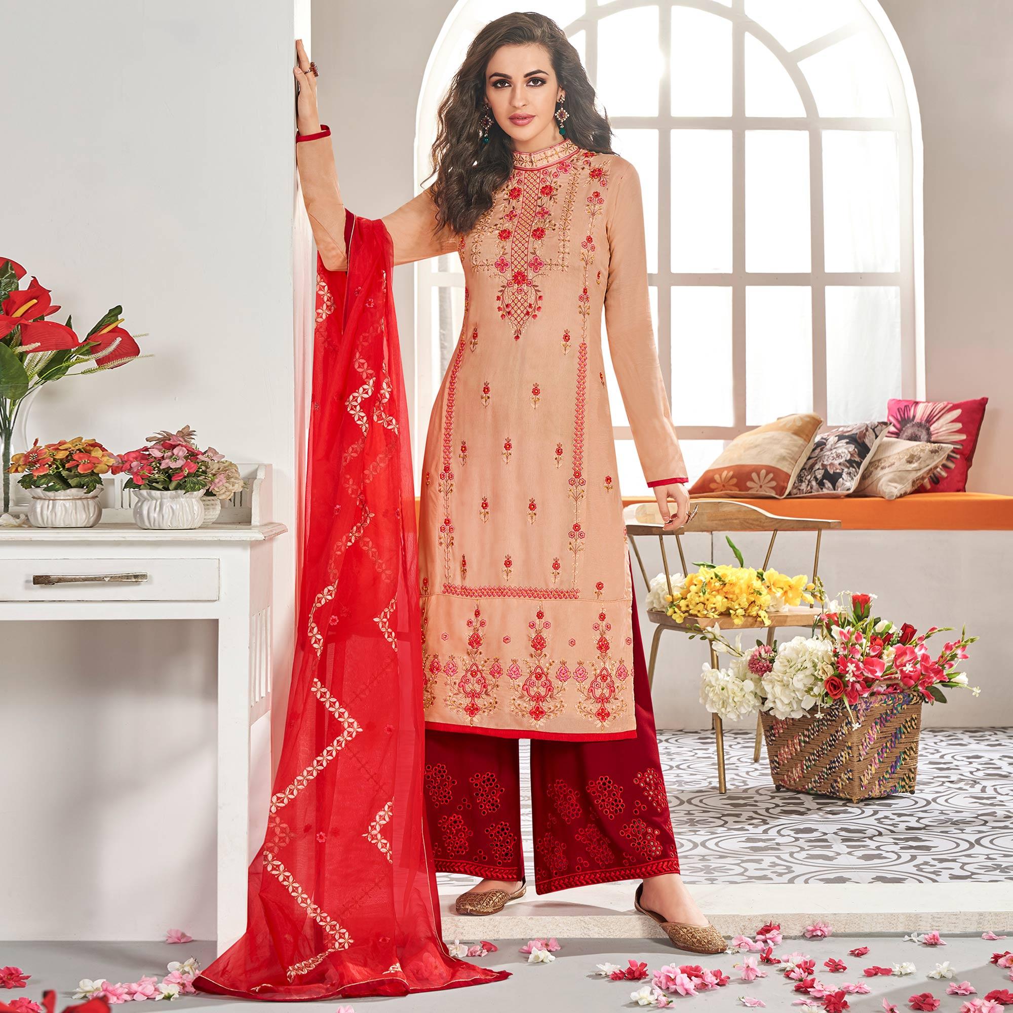 Preferable Peach Colored Partywear Floral Embroidered Cotton Kurti-Palazzo Set With Dupatta - Peachmode