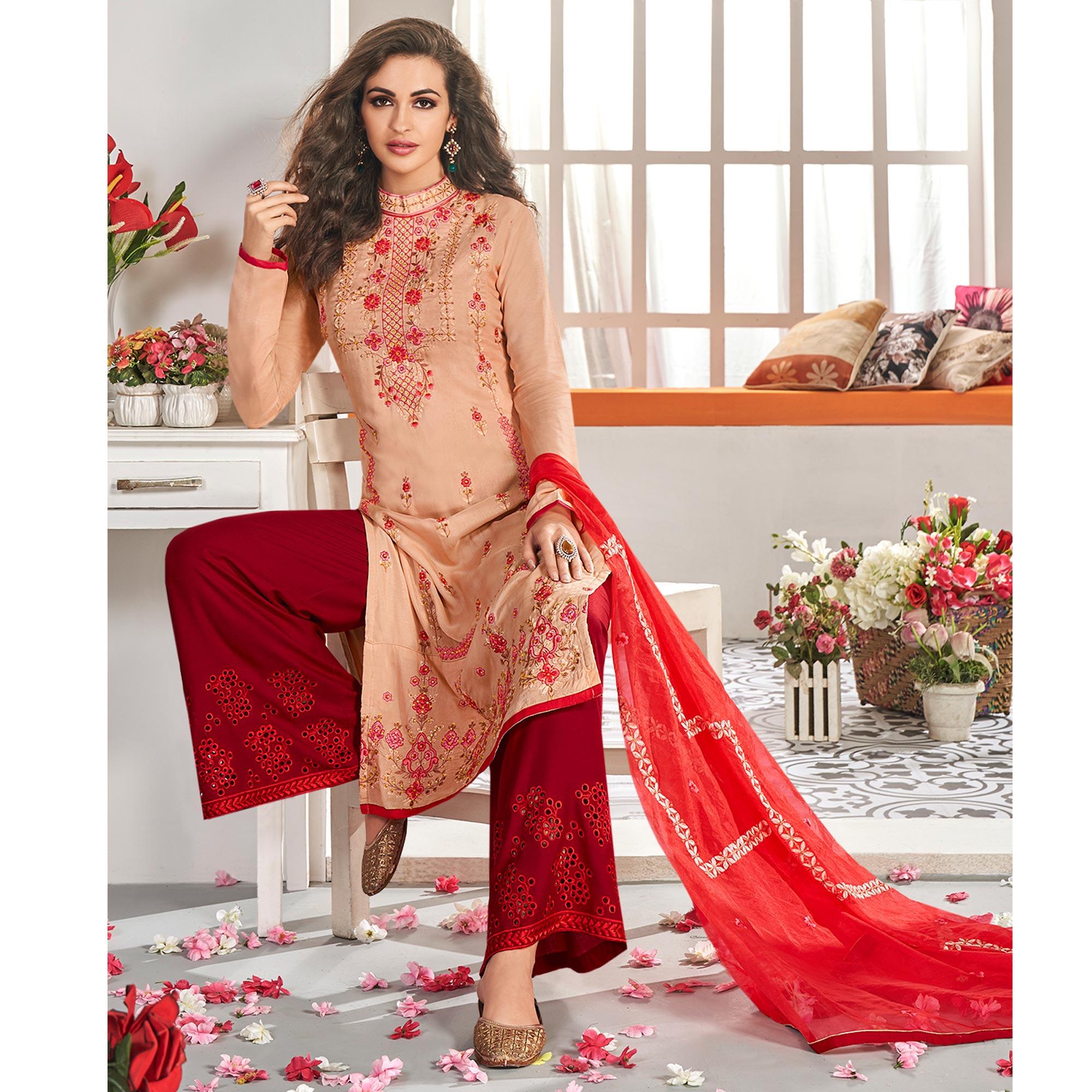 Preferable Peach Colored Partywear Floral Embroidered Cotton Kurti-Palazzo Set With Dupatta - Peachmode