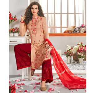 Preferable Peach Colored Partywear Floral Embroidered Cotton Kurti-Palazzo Set With Dupatta - Peachmode