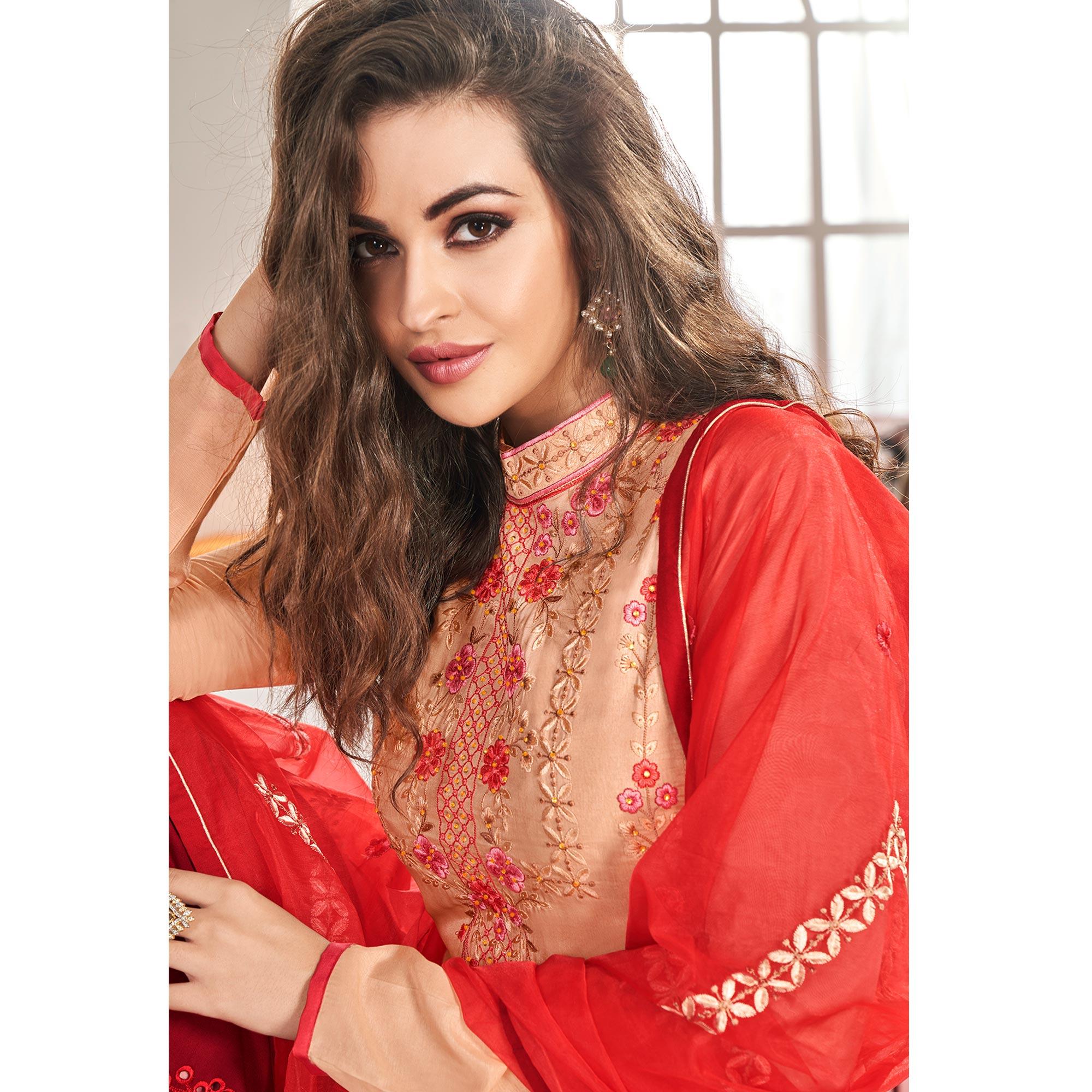 Preferable Peach Colored Partywear Floral Embroidered Cotton Kurti-Palazzo Set With Dupatta - Peachmode