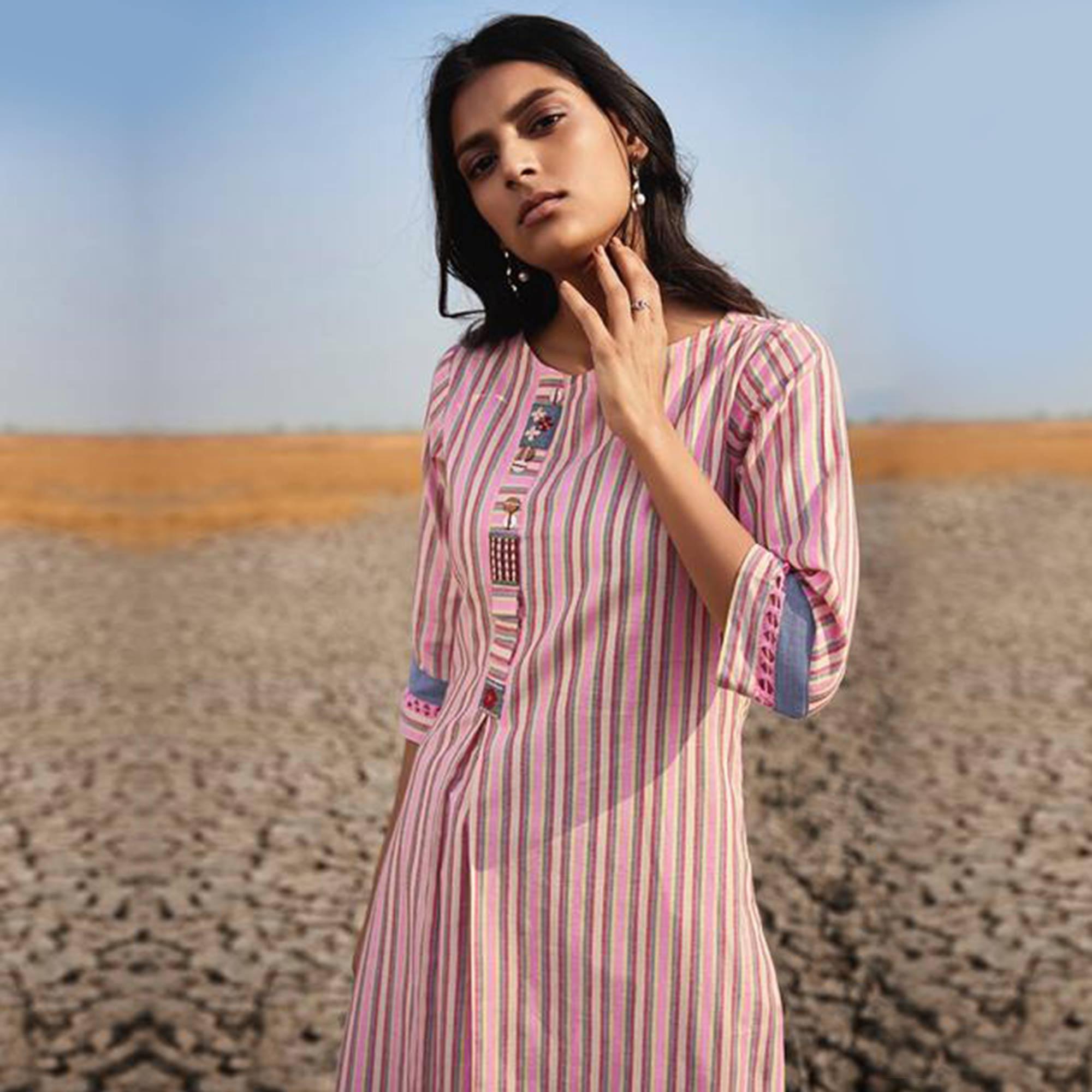 Preferable Pink Colored Casual Printed Cotton Kurti-Bottom Set - Peachmode