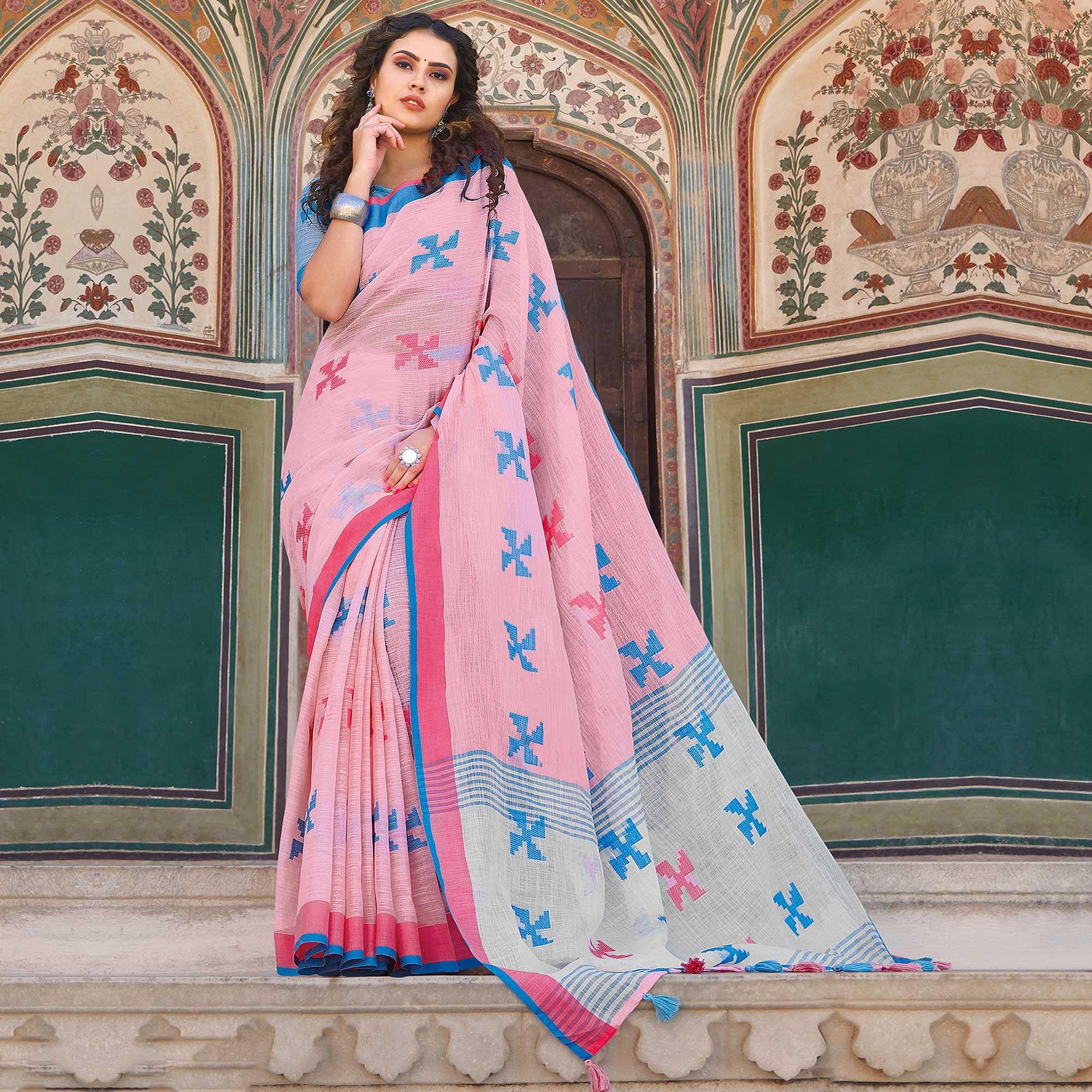 Preferable Pink Colored Casual Printed Linen Cotton Saree With Tassels - Peachmode