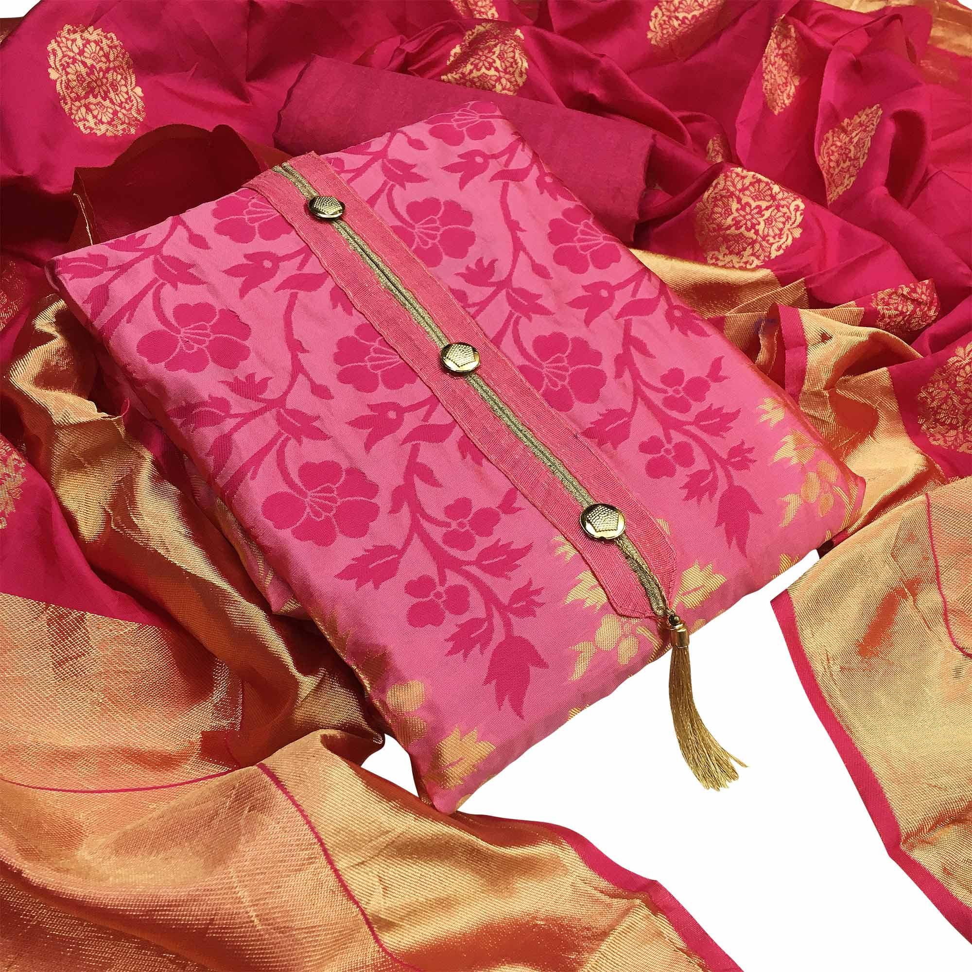 Preferable Pink Colored Festive Wear Woven Heavy Banarasi Silk Dress Material - Peachmode