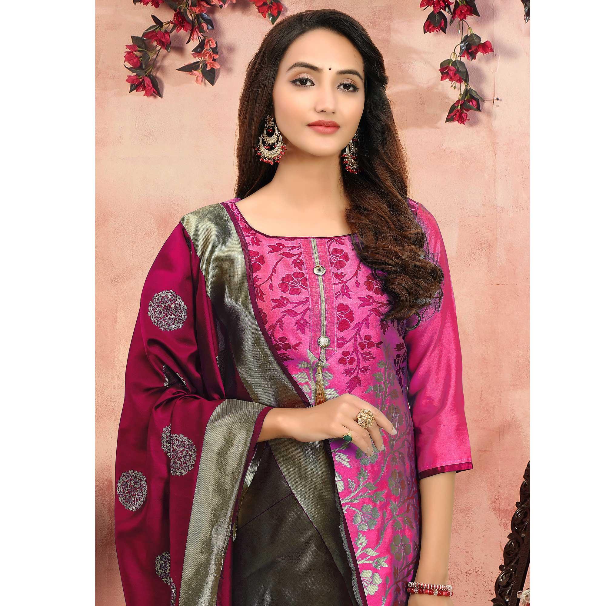 Preferable Pink Colored Festive Wear Woven Heavy Banarasi Silk Dress Material - Peachmode