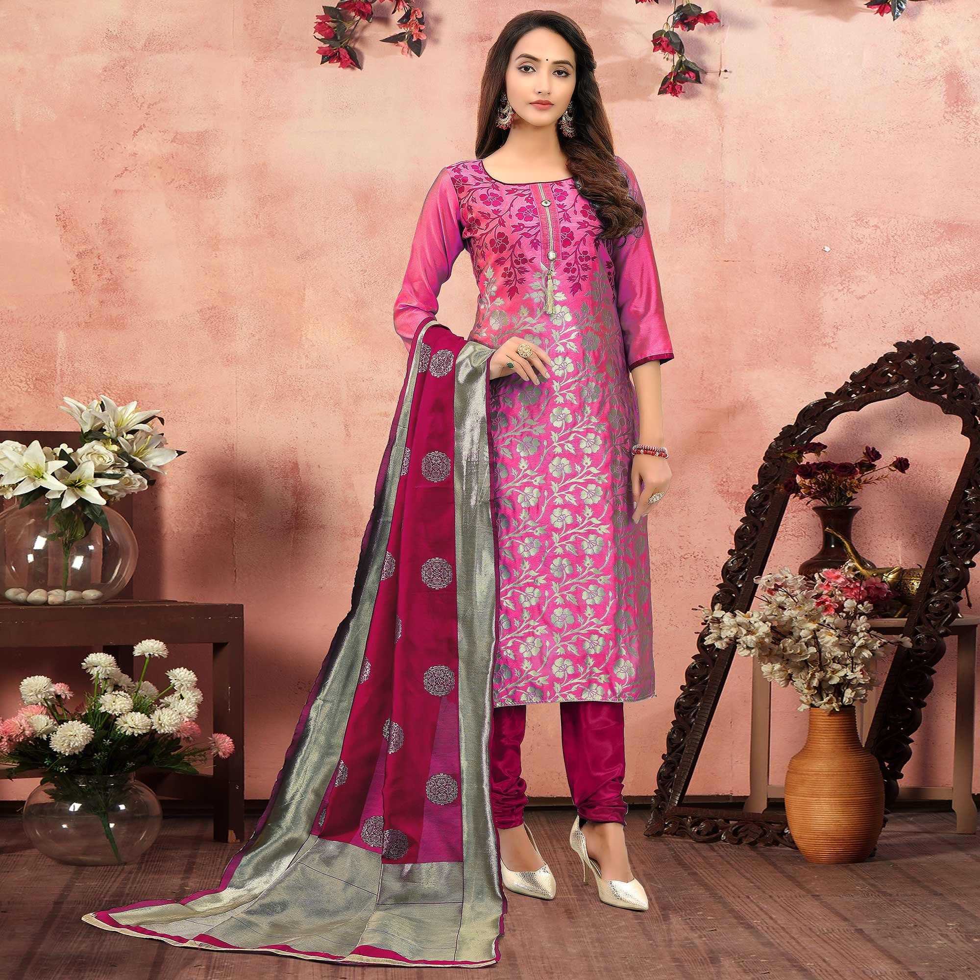 Preferable Pink Colored Festive Wear Woven Heavy Banarasi Silk Dress Material - Peachmode