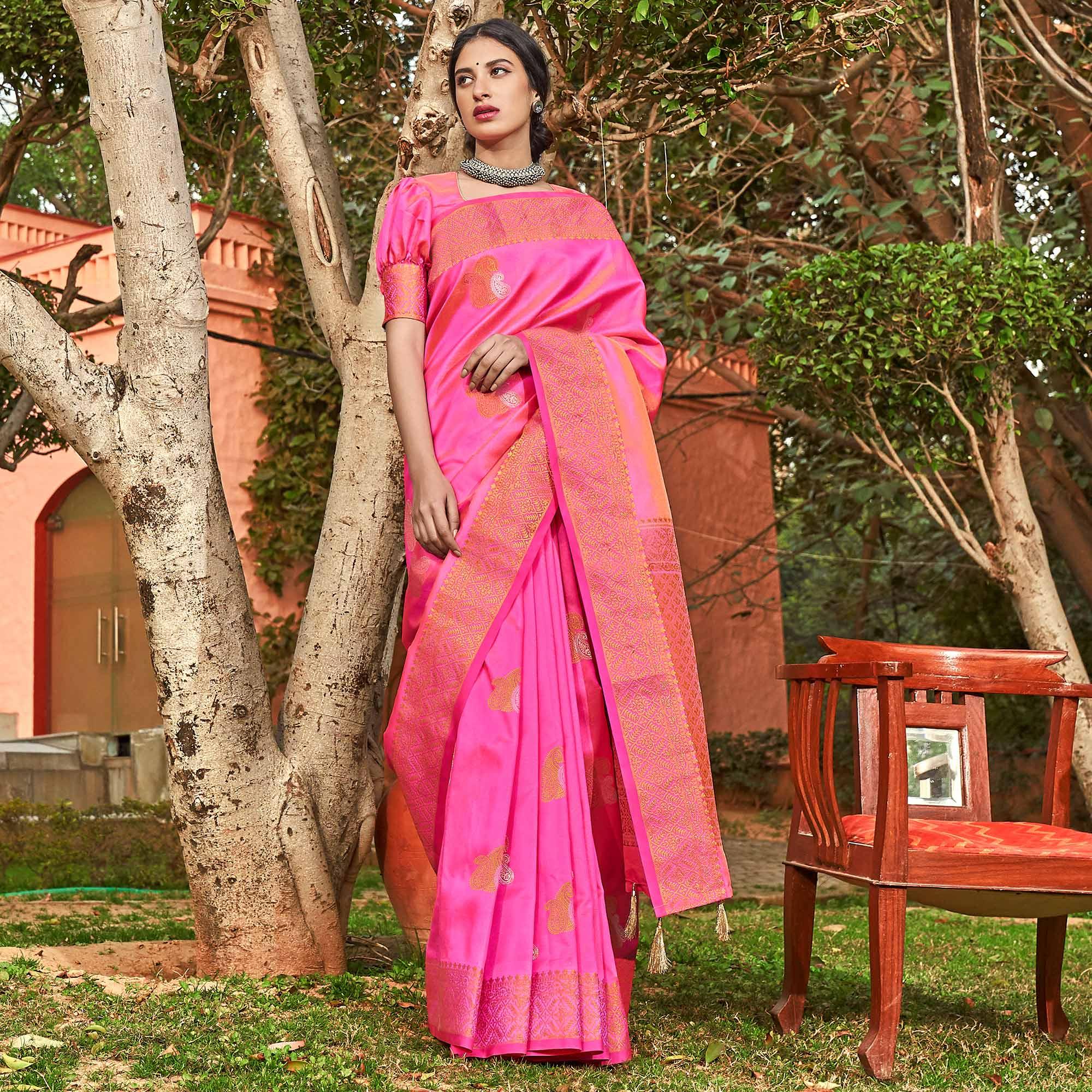 Preferable Pink Colored Festive Wear Woven Silk Saree - Peachmode