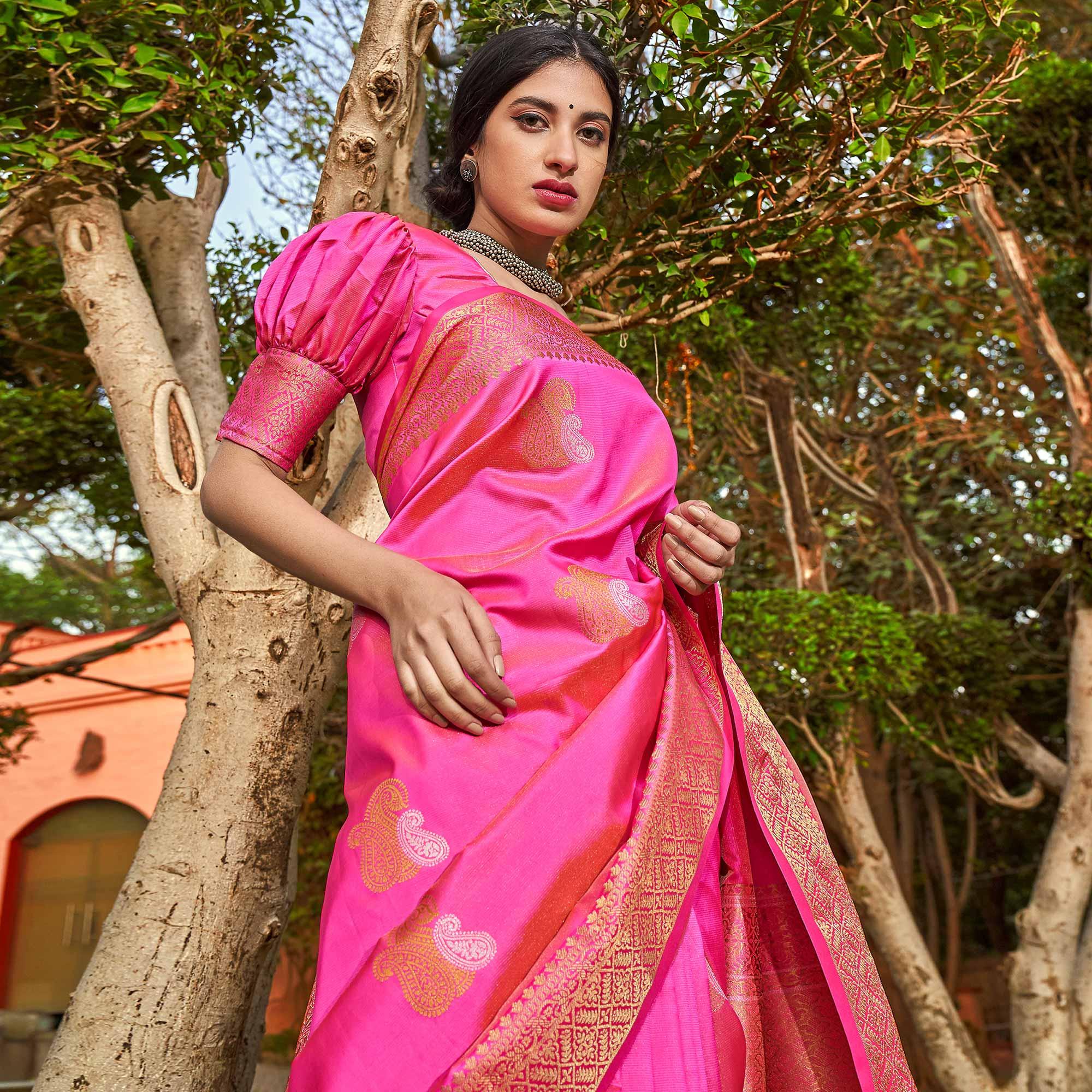 Preferable Pink Colored Festive Wear Woven Silk Saree - Peachmode