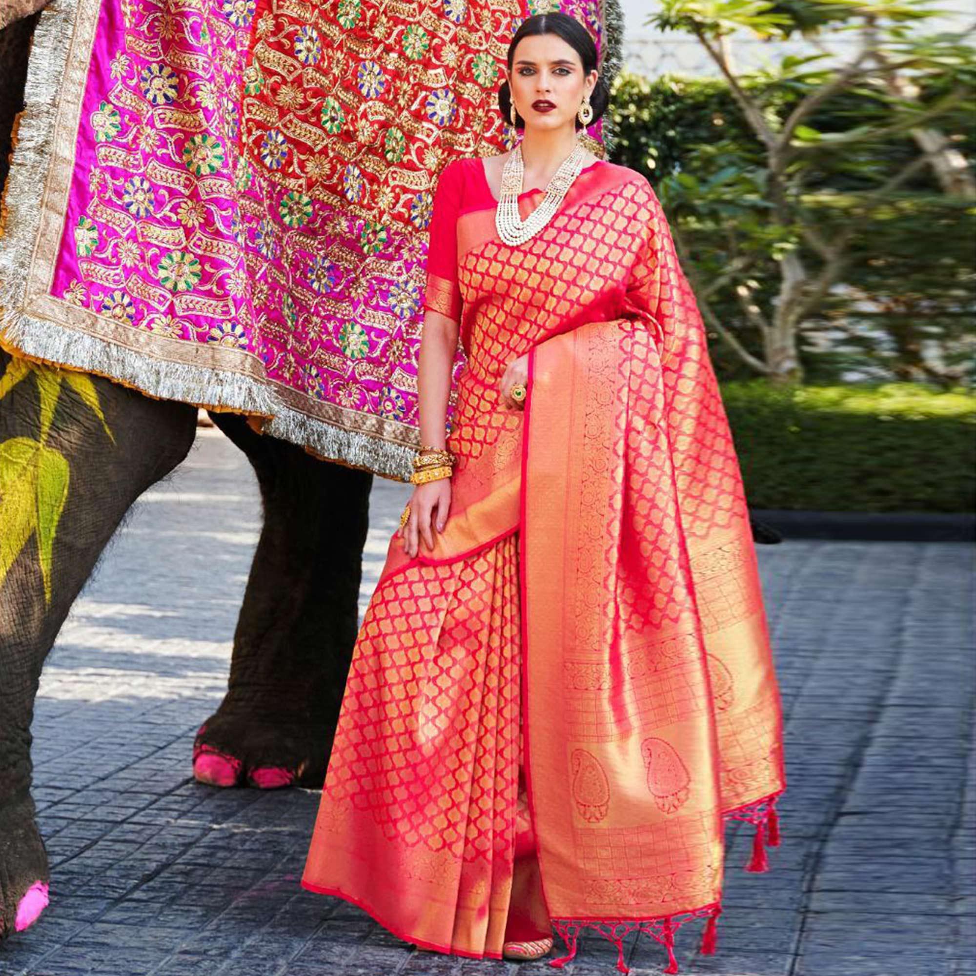 Preferable Pink Coloured Festive Wear Woven Silk Saree - Peachmode