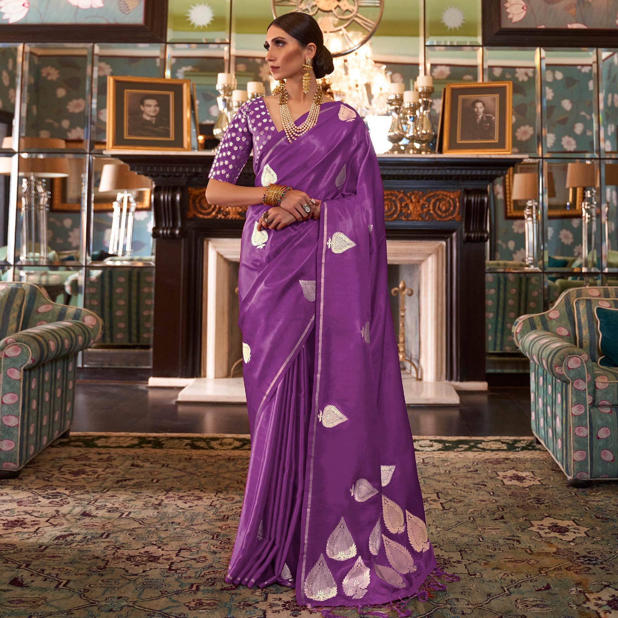 Preferable Purple Colored Festive Wear Woven Pure Satin Silk Saree - Peachmode