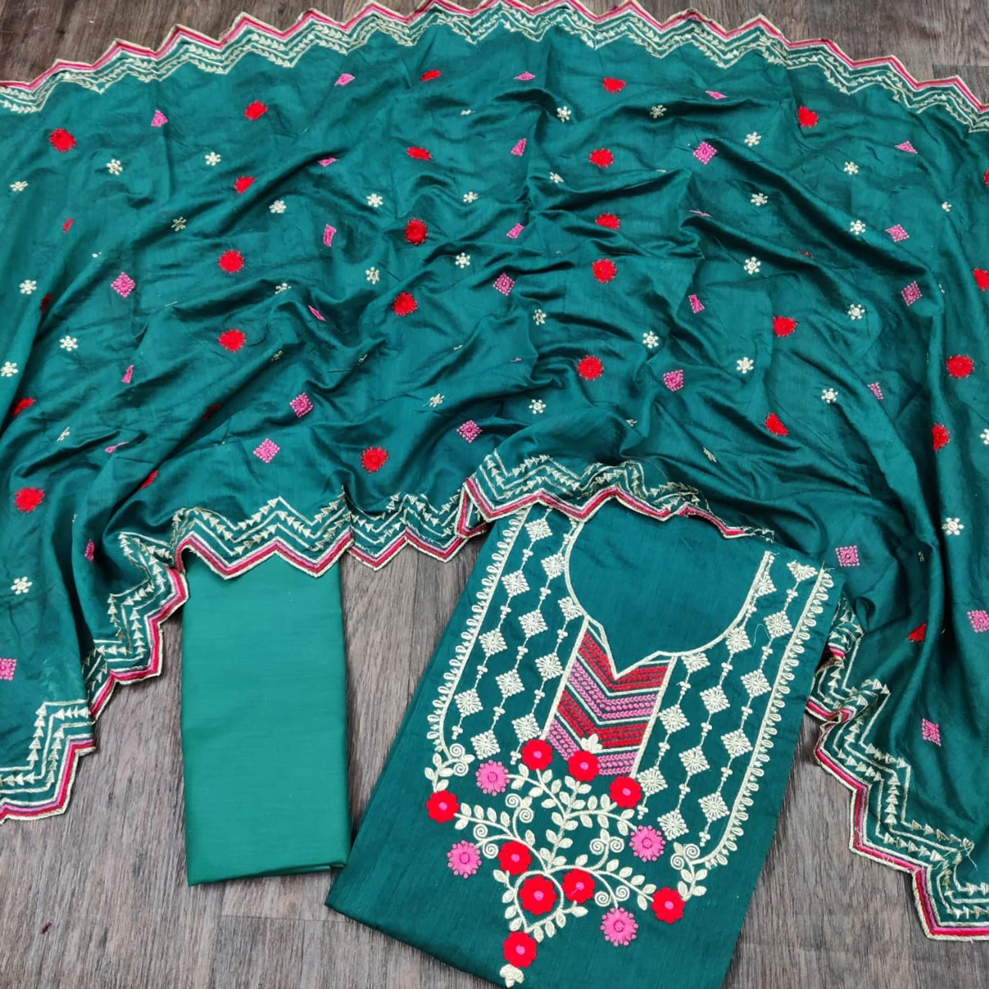 Preferable Rama Colored Casual Wear Embroidered Chanderi Dress Material - Peachmode