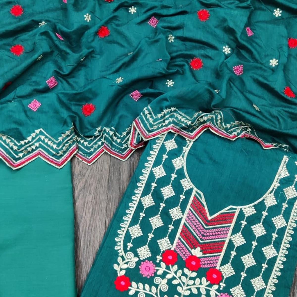 Preferable Rama Colored Casual Wear Embroidered Chanderi Dress Material - Peachmode