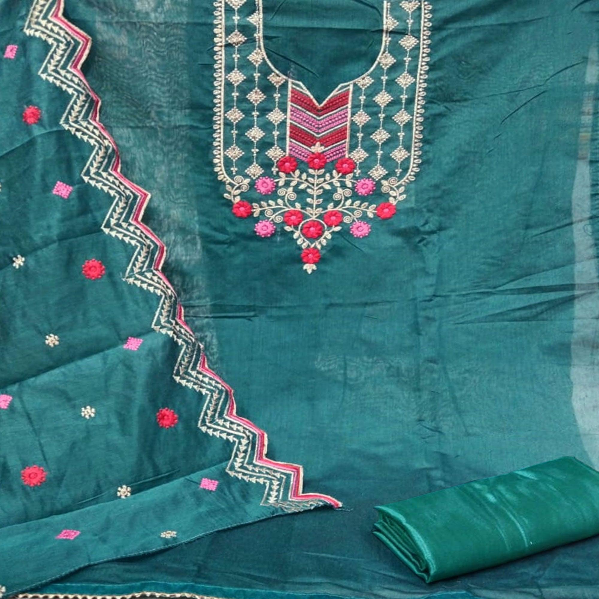 Preferable Rama Colored Casual Wear Embroidered Chanderi Dress Material - Peachmode