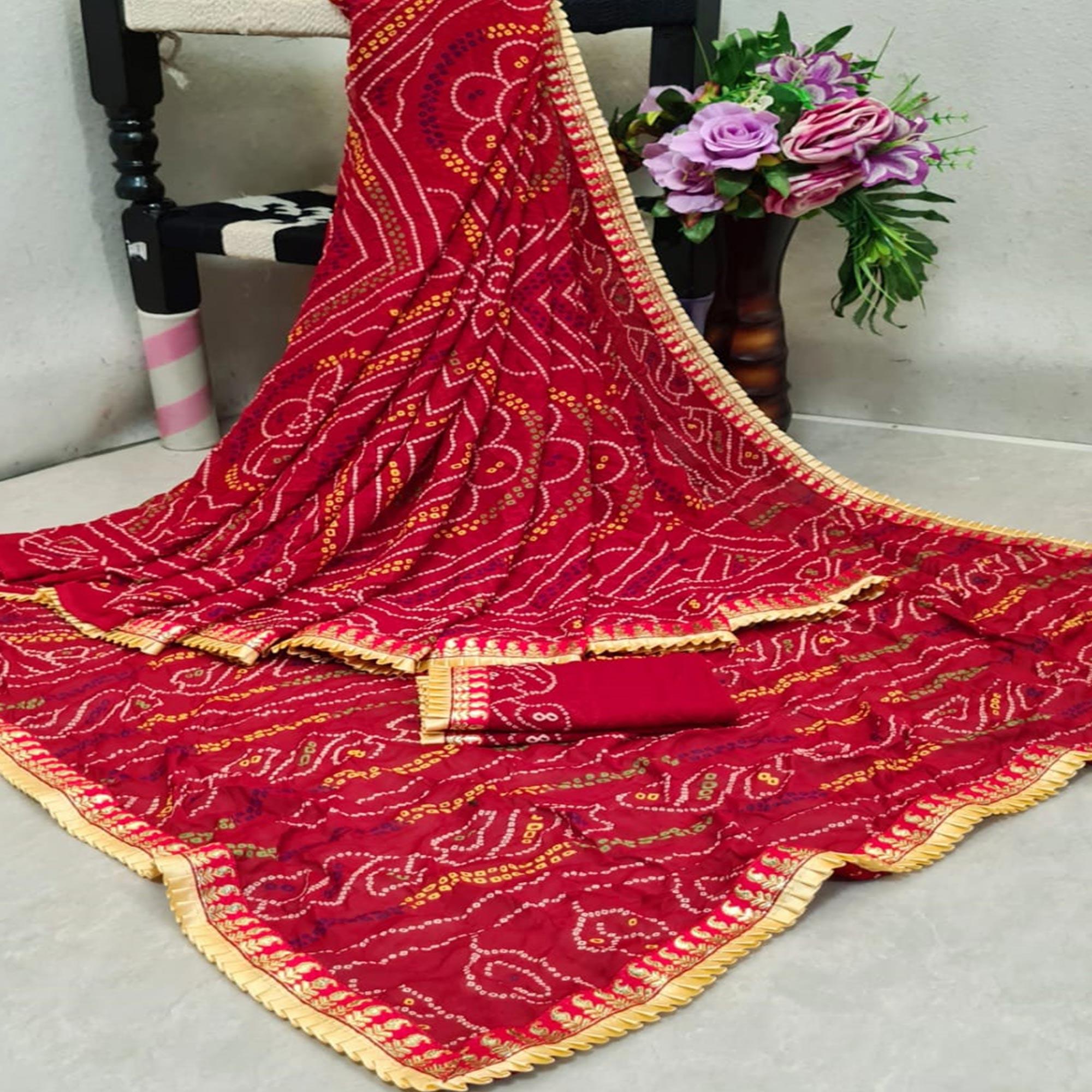 Preferable Red Colored Casual Printed Moss Georgette Saree - Peachmode