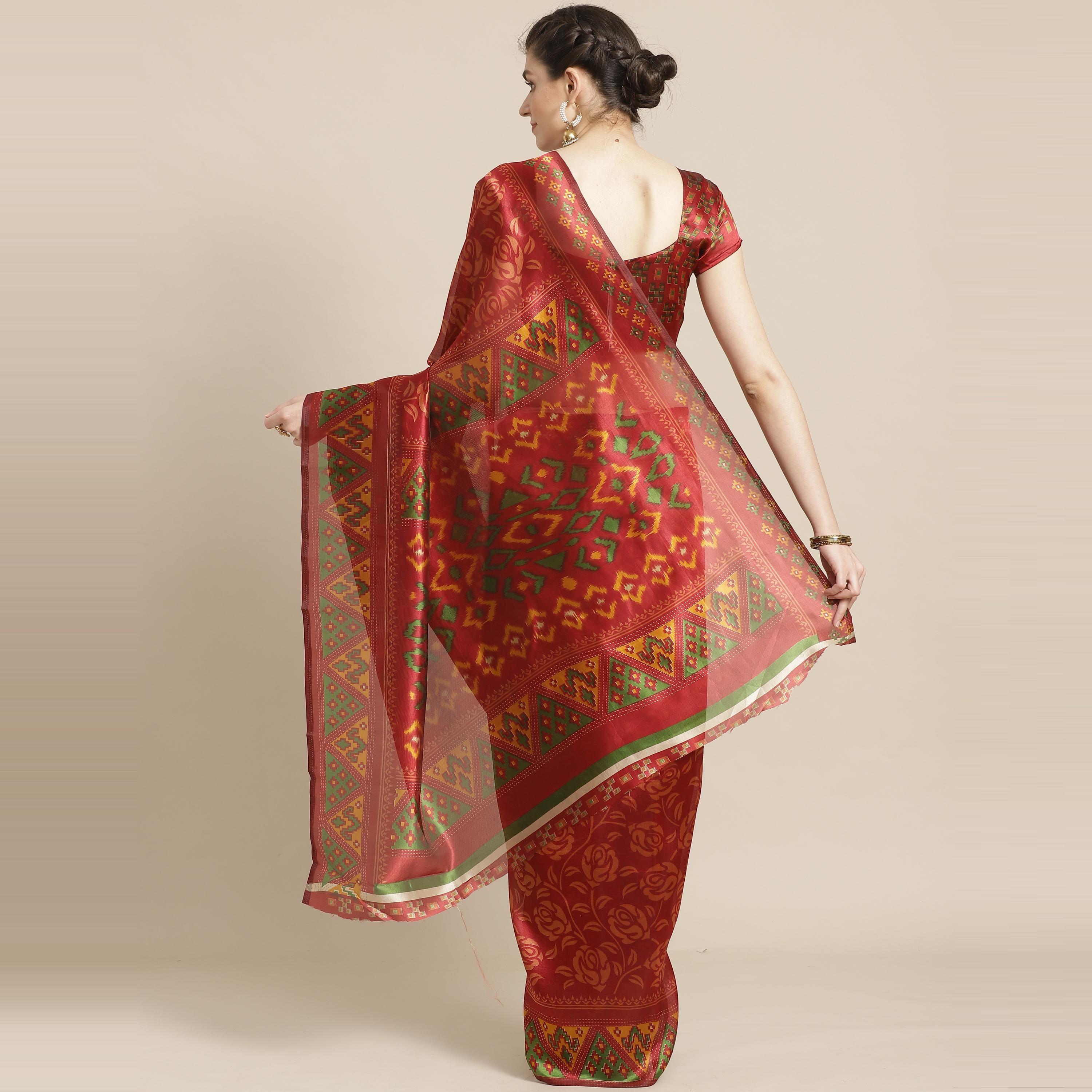 Preferable Red Colored Casual Wear Printed Lichi Silk Saree - Peachmode