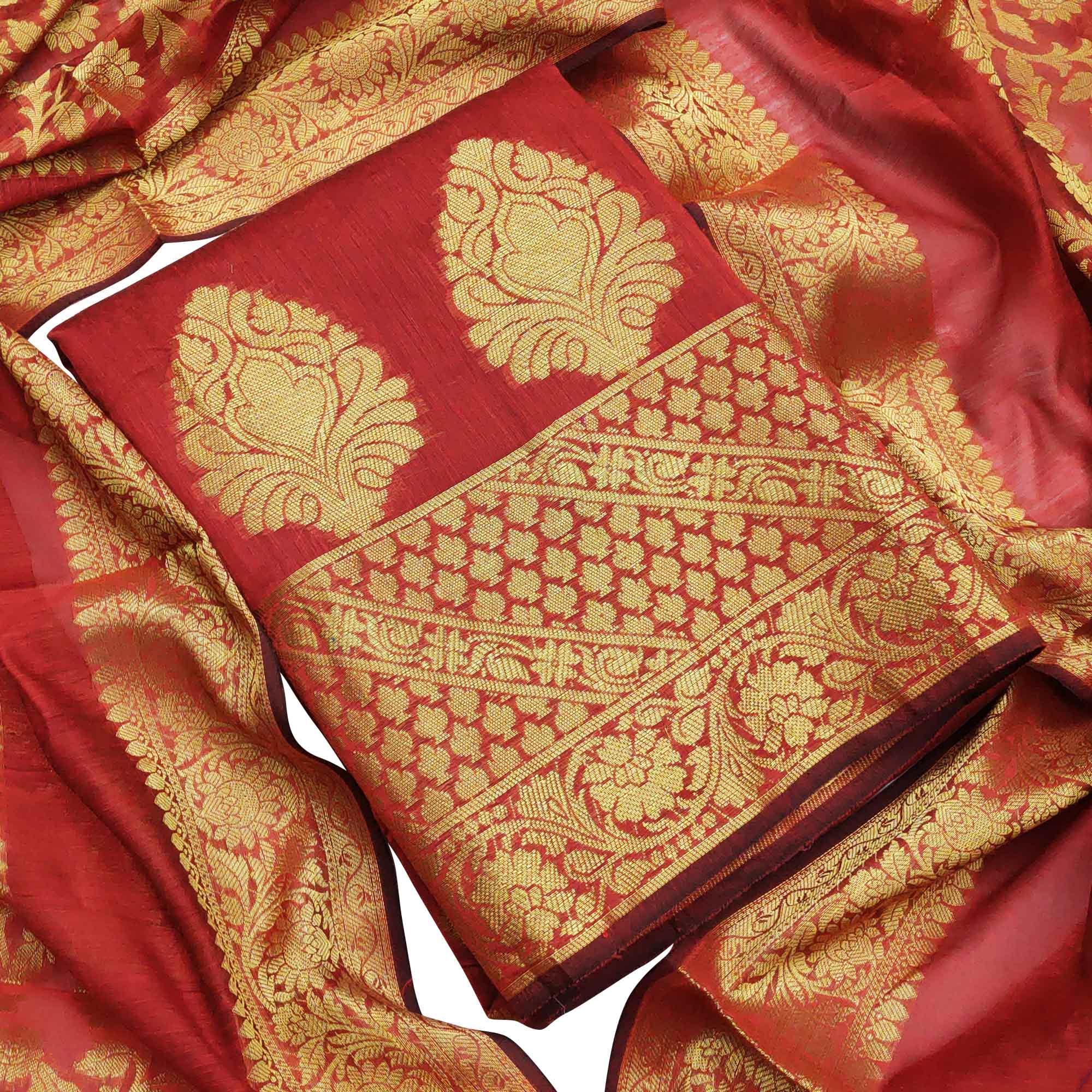 Preferable Red Colored Festive Wear Woven Banarasi Silk Dress Material - Peachmode