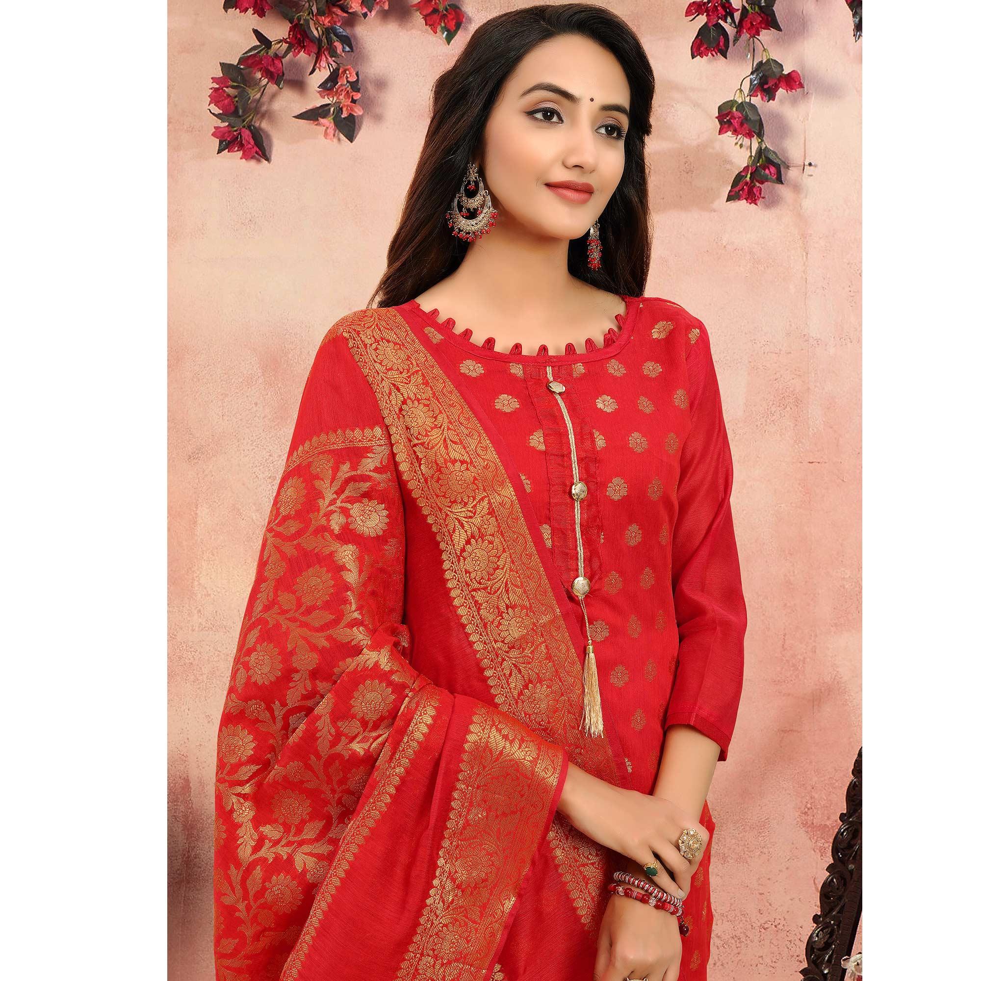 Preferable Red Colored Festive Wear Woven Banarasi Silk Dress Material - Peachmode