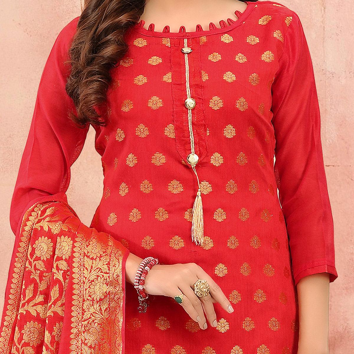 Preferable Red Colored Festive Wear Woven Banarasi Silk Dress Material - Peachmode