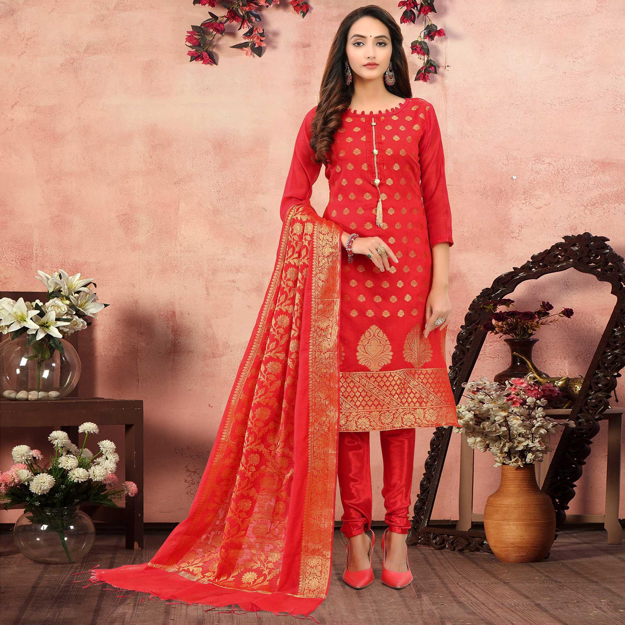 Preferable Red Colored Festive Wear Woven Banarasi Silk Dress Material - Peachmode