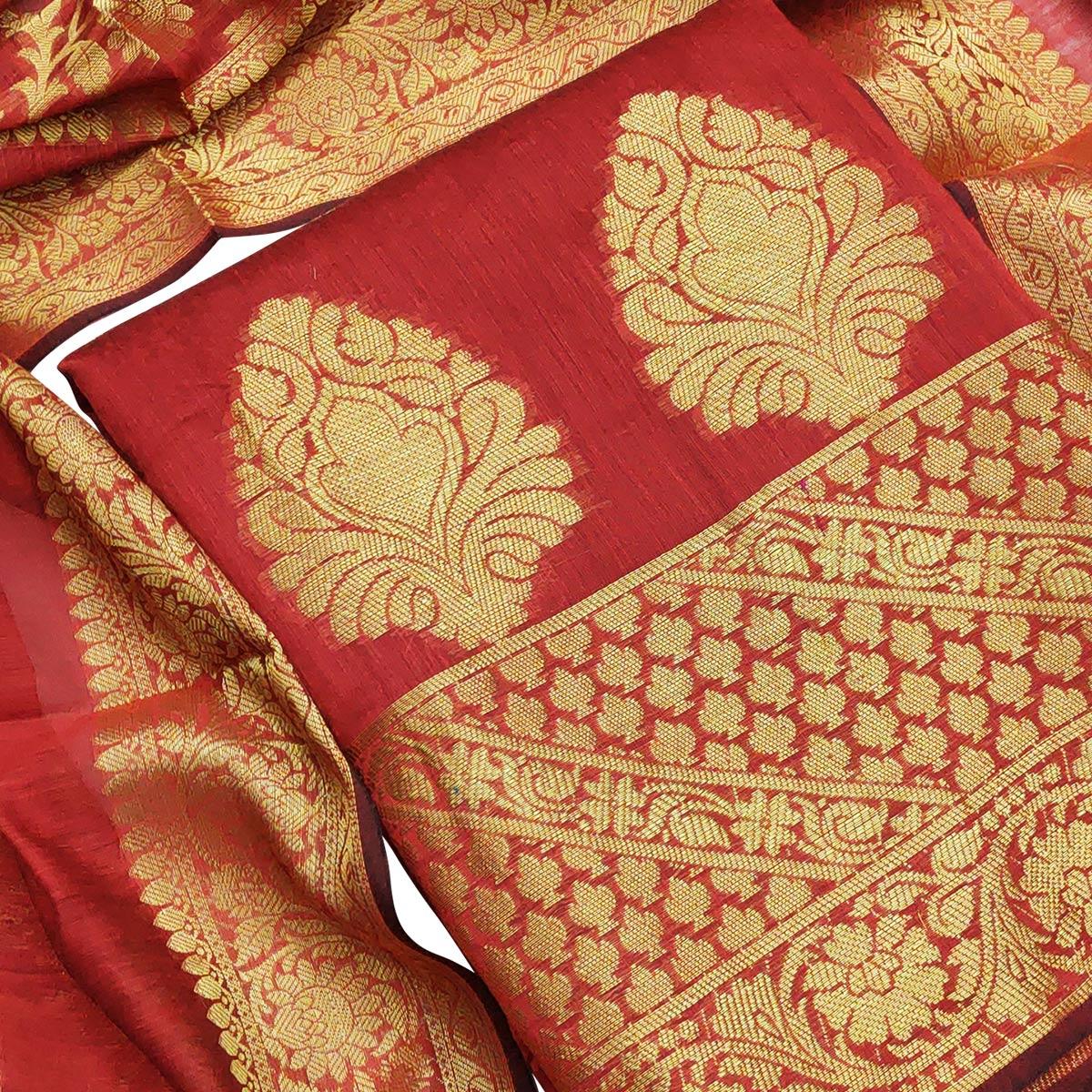 Preferable Red Colored Festive Wear Woven Banarasi Silk Dress Material - Peachmode