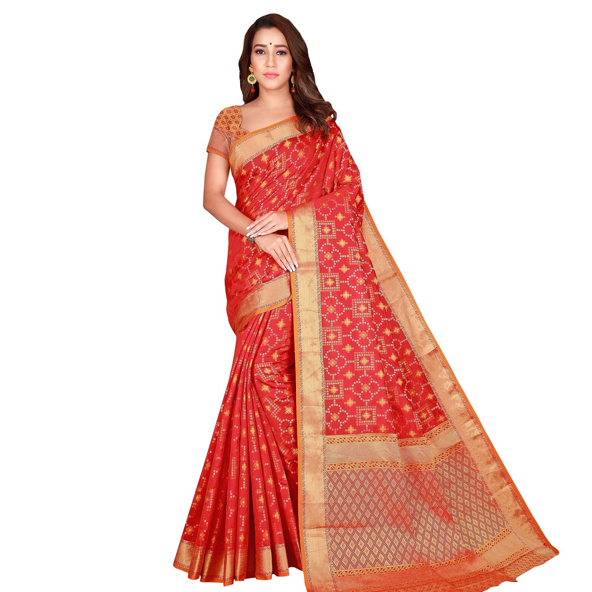 Preferable Red Colored Festive Wear Woven Patola Silk Saree - Peachmode