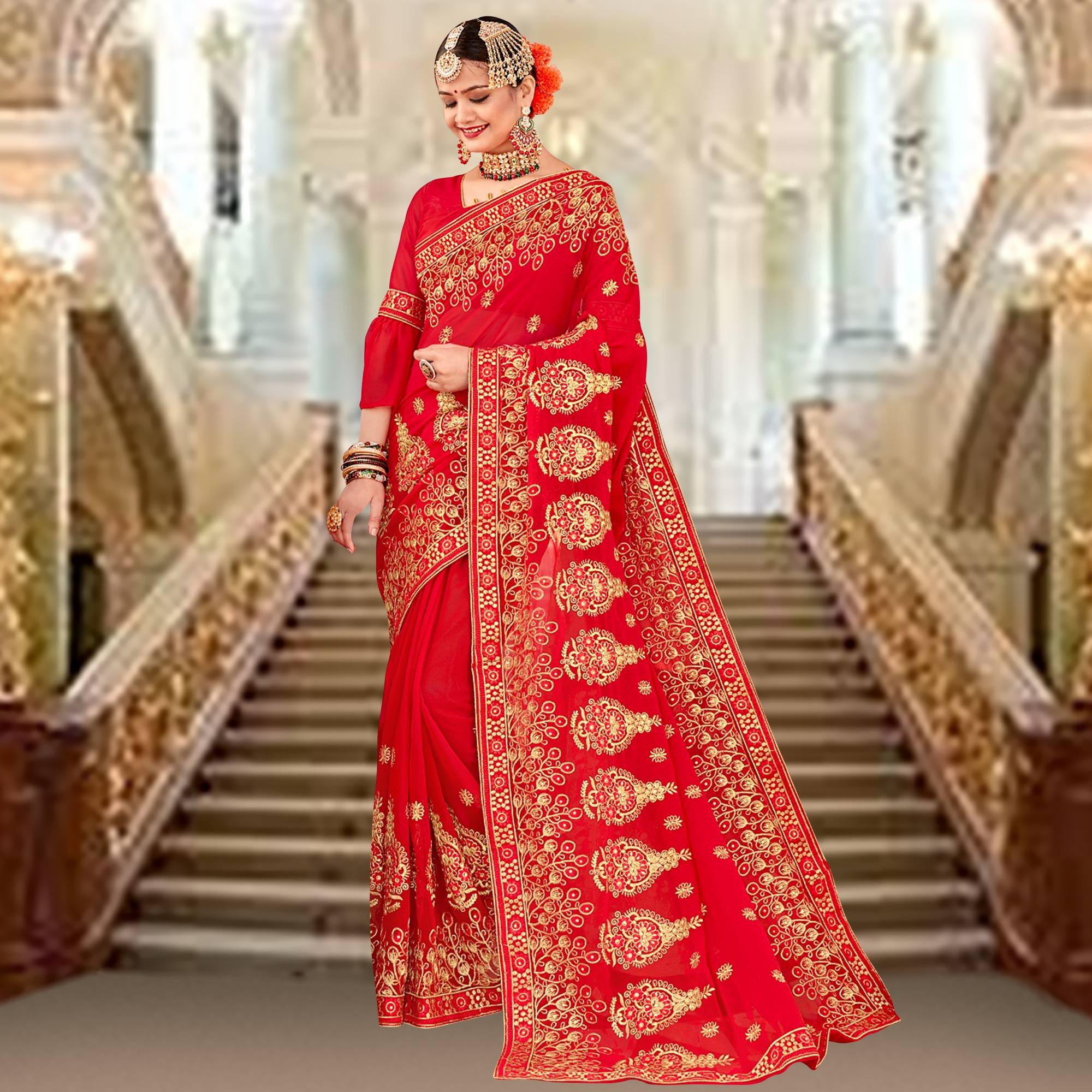 Preferable Red Colored Partywear Embroidered Georgette Saree - Peachmode