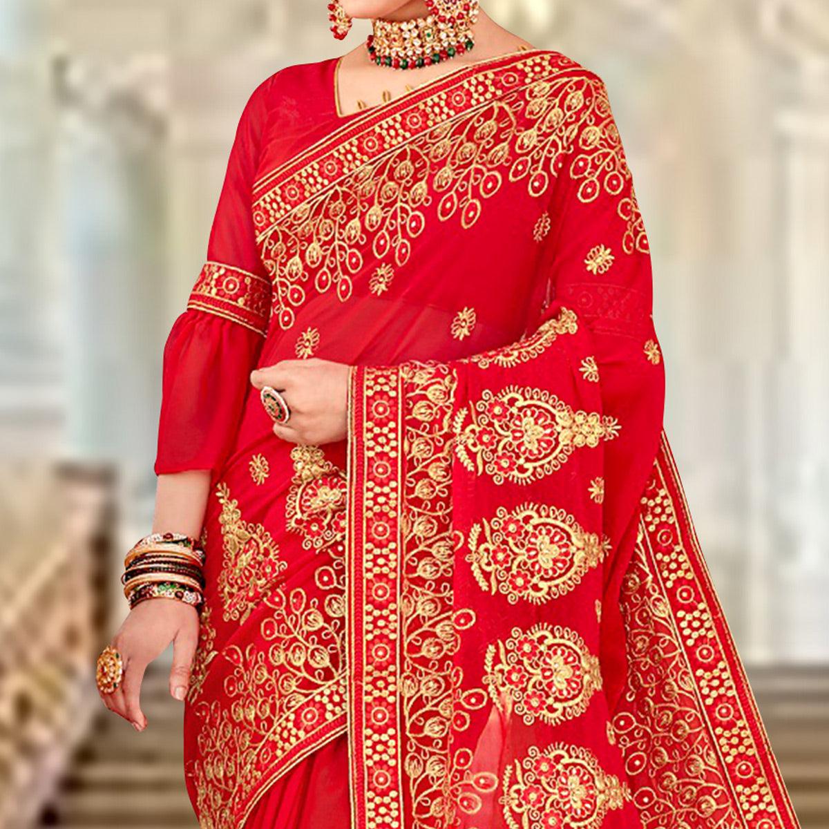 Preferable Red Colored Partywear Embroidered Georgette Saree - Peachmode