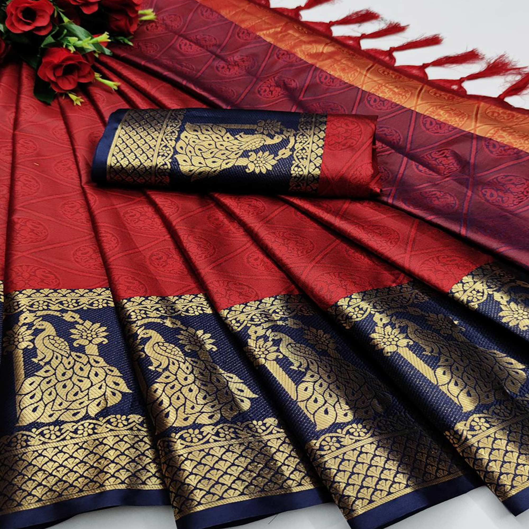 Preferable Red Coloured Festive Wear Woven Cotton Silk Saree - Peachmode