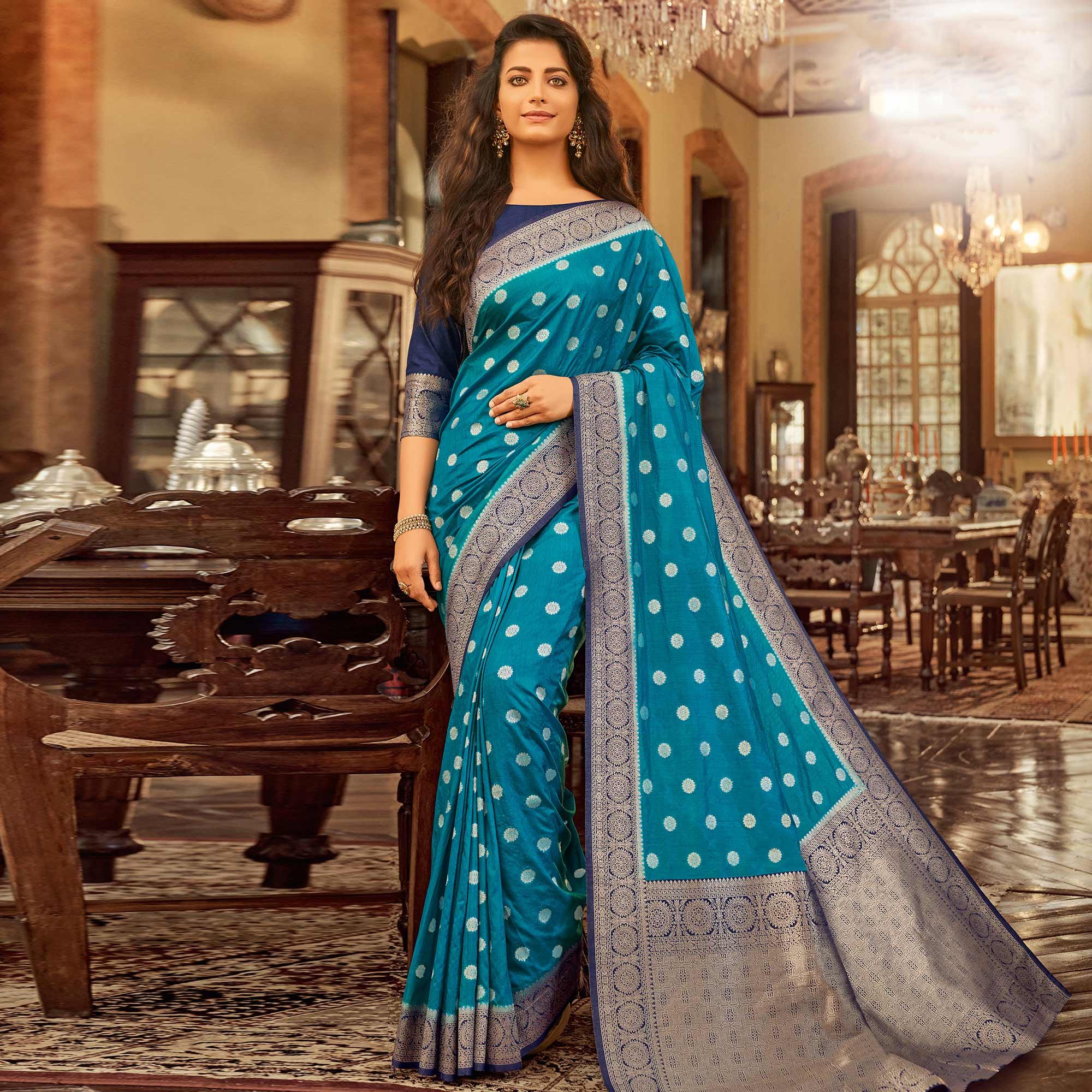 Preferable Turquoise Blue Colored Festive Wear Woven Chanderi Cotton Saree - Peachmode
