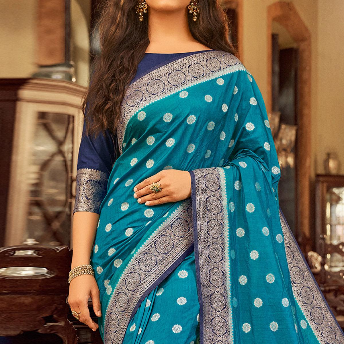 Preferable Turquoise Blue Colored Festive Wear Woven Chanderi Cotton Saree - Peachmode