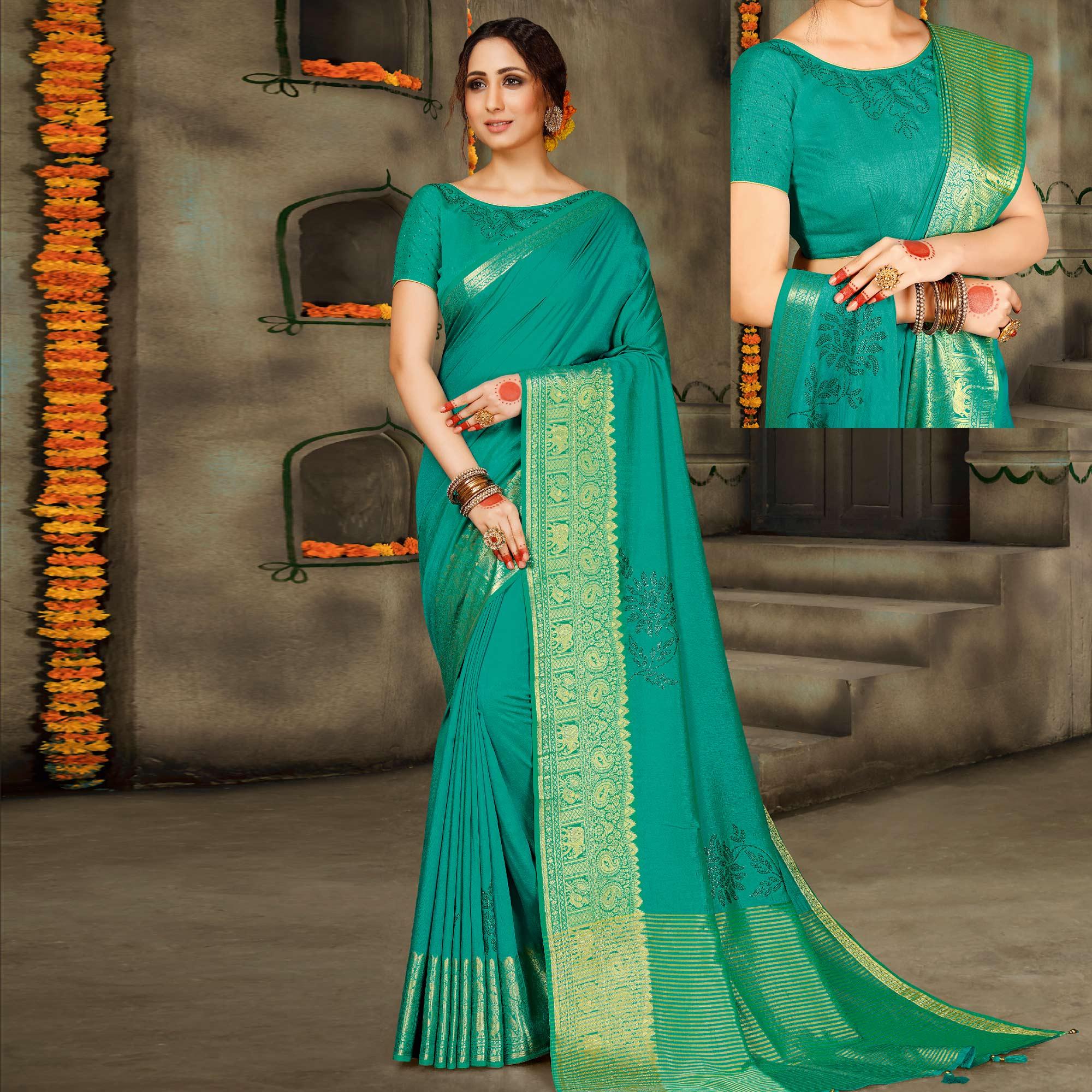 Preferable Turquoise Green Colored Festive Wear Woven Silk Saree - Peachmode