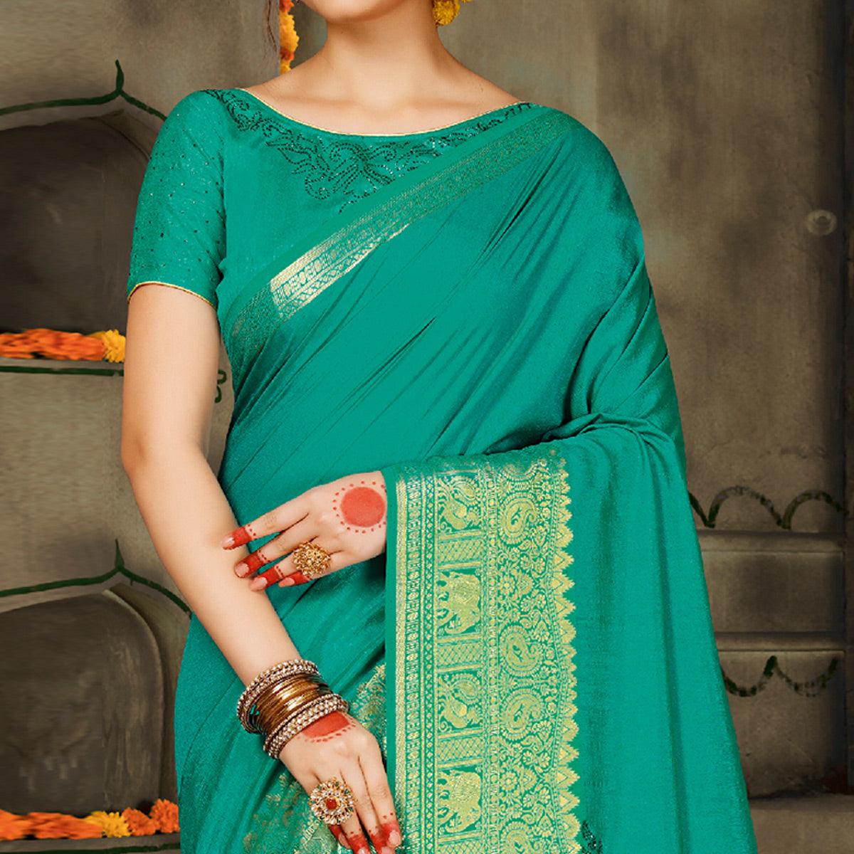 Preferable Turquoise Green Colored Festive Wear Woven Silk Saree - Peachmode