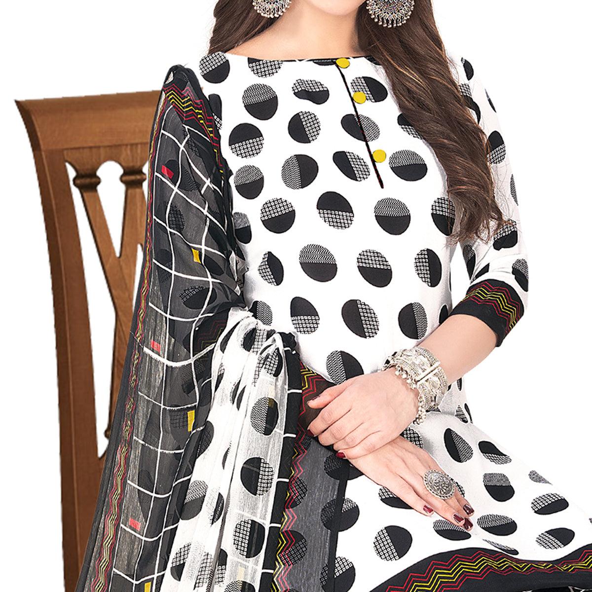 Preferable White - Black Colored Casual Wear Printed Crepe Patiala Dress Material - Peachmode