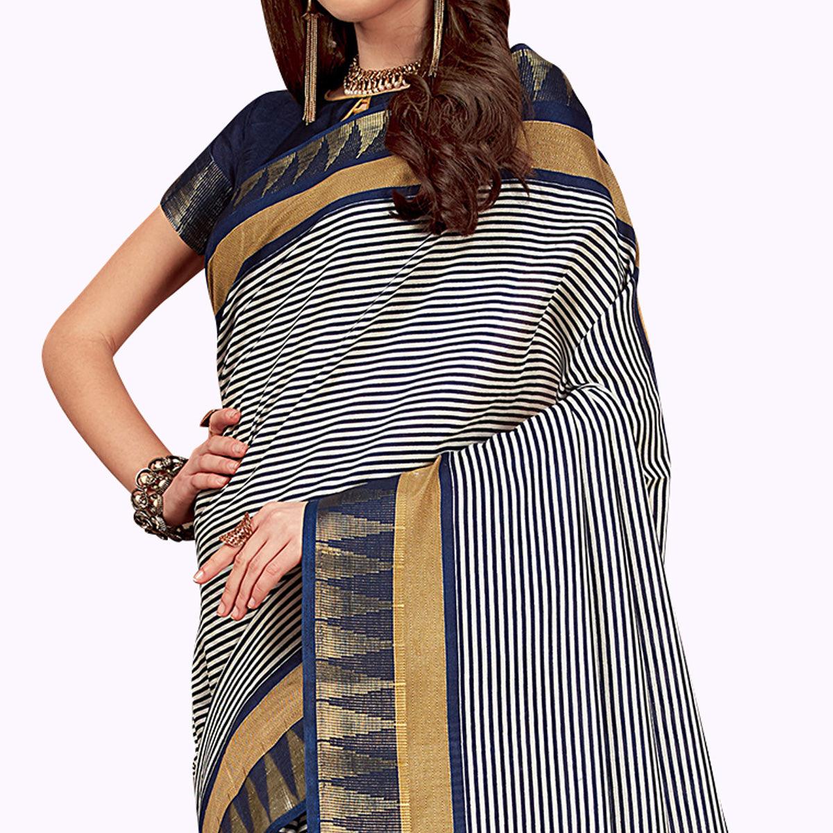 Preferable White-Navy Blue Colored Casual Printed Manipuri Silk Saree - Peachmode
