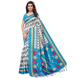 Preferable White-Sky Blue Colored Festive Wear Mysore Silk Saree With Tassels - Peachmode