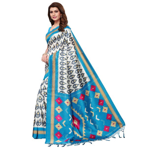 Preferable White-Sky Blue Colored Festive Wear Mysore Silk Saree With Tassels - Peachmode