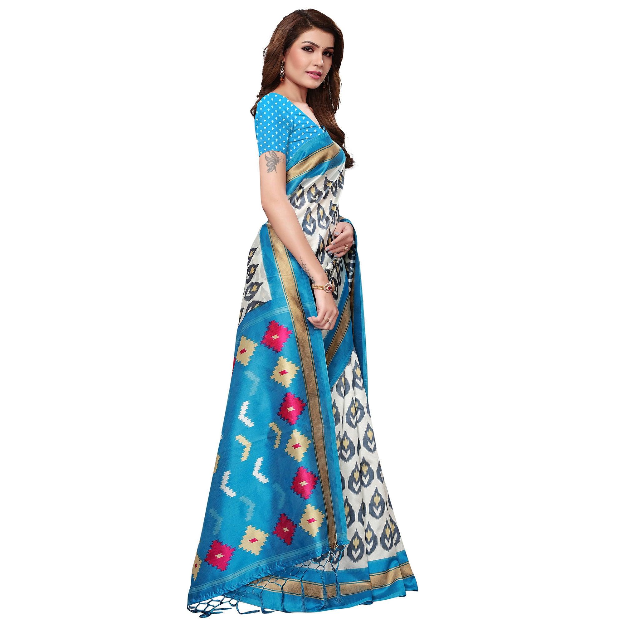 Preferable White-Sky Blue Colored Festive Wear Mysore Silk Saree With Tassels - Peachmode